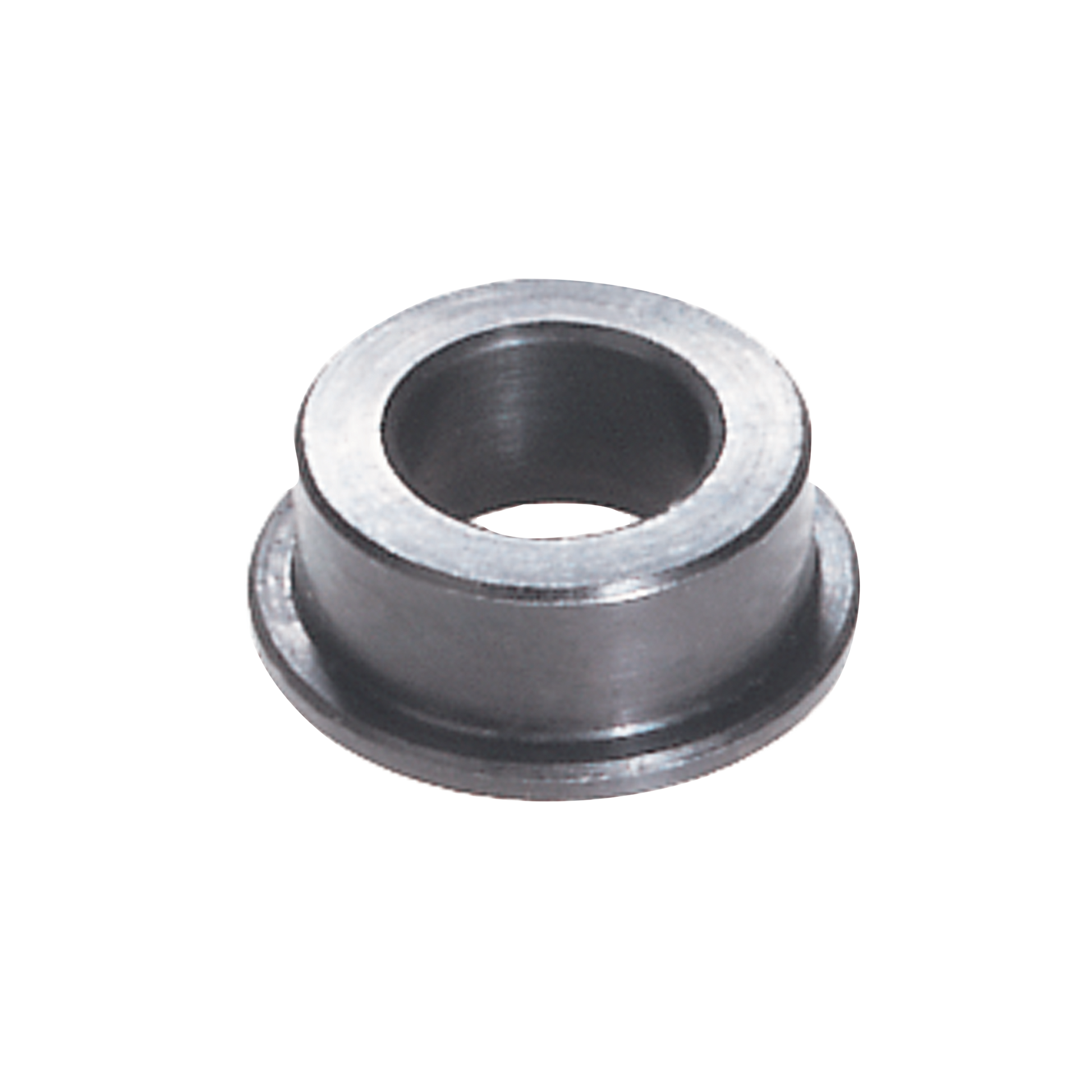 Metal flange bushing with circular opening and flat rim base.