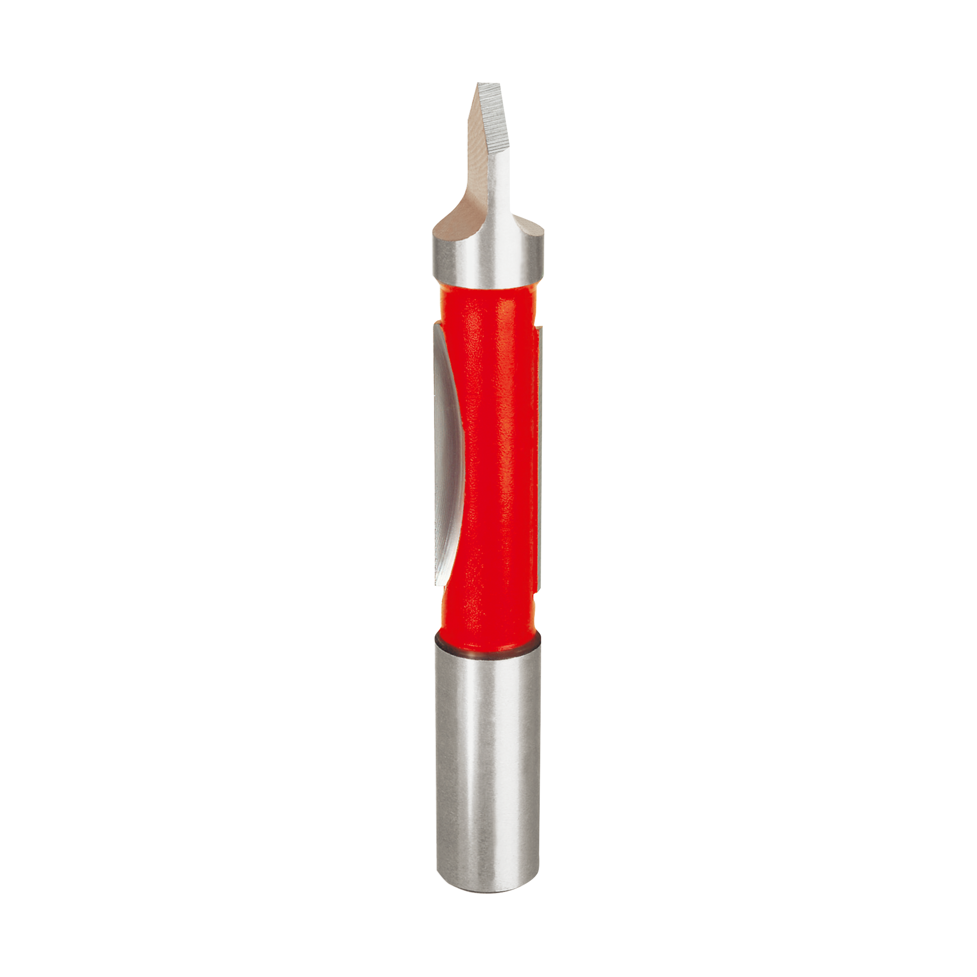 Metal panel pilot bit with red grip section and cutting head at top end.