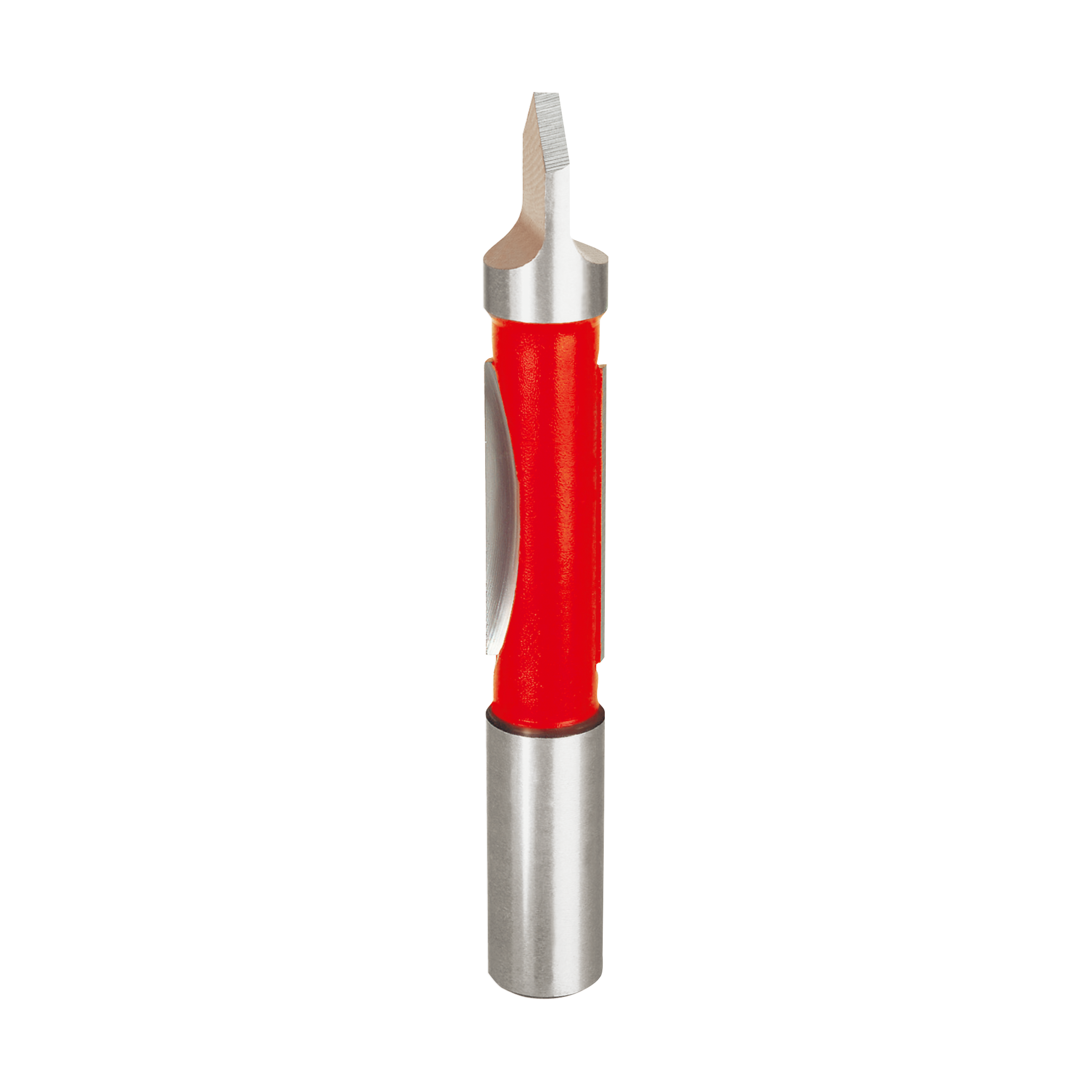 Metal panel pilot bit with red grip section and cutting head at top end.