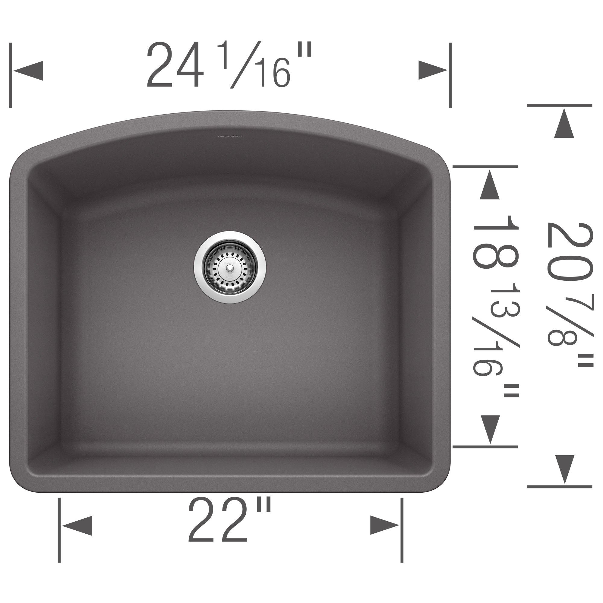 Cinder gray single bowl undermount sink with rounded corners and chrome drain, 24 1/16" wide by 20 7/8" deep.