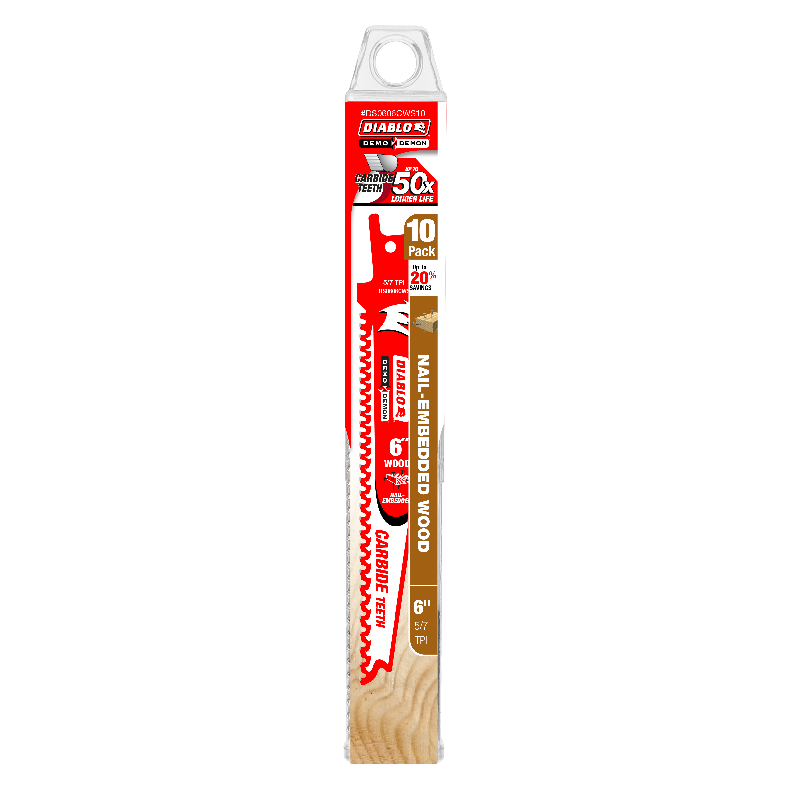 Ten-pack of 6-inch Diablo Demo Demon carbide reciprocating saw blades with aggressive teeth, designed for nail-embedded wood 