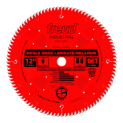 12-inch red circular saw blade with 96 teeth, 1-inch arbor, labeled for laminate and melamine cutting.