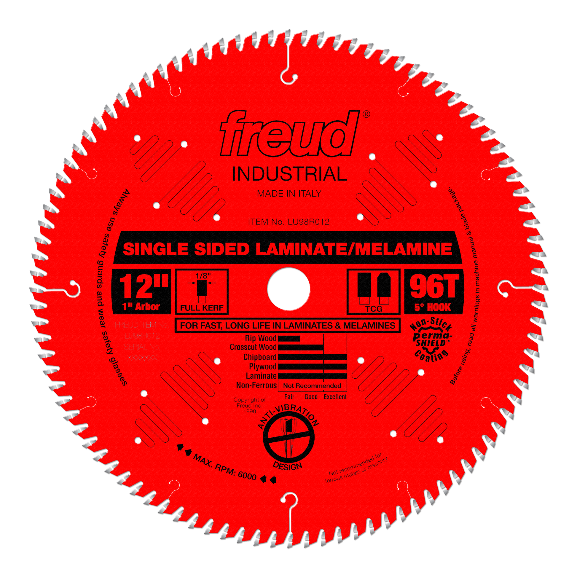 12-inch red circular saw blade with 96 teeth, 1-inch arbor, labeled for laminate and melamine cutting.