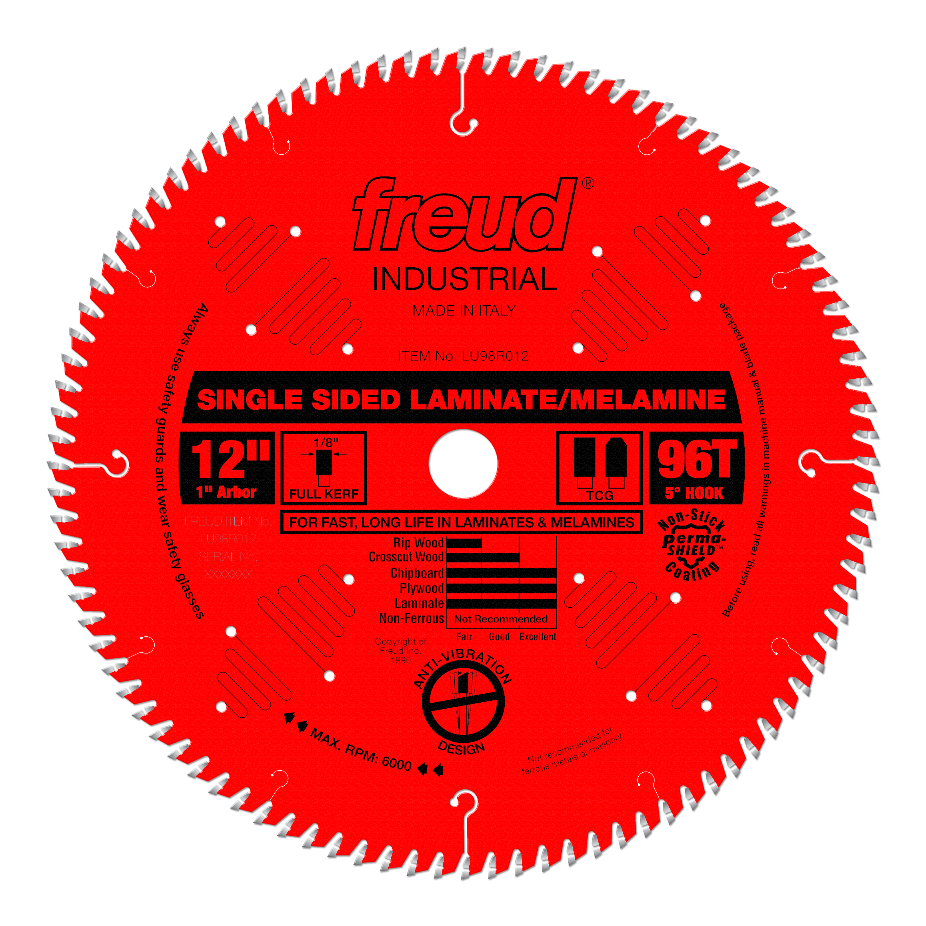 12-inch red circular saw blade with 96 teeth, 1-inch arbor, labeled for laminate and melamine cutting.