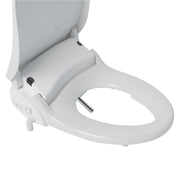 White round bidet toilet seat with control panel and nozzle attachment on side.