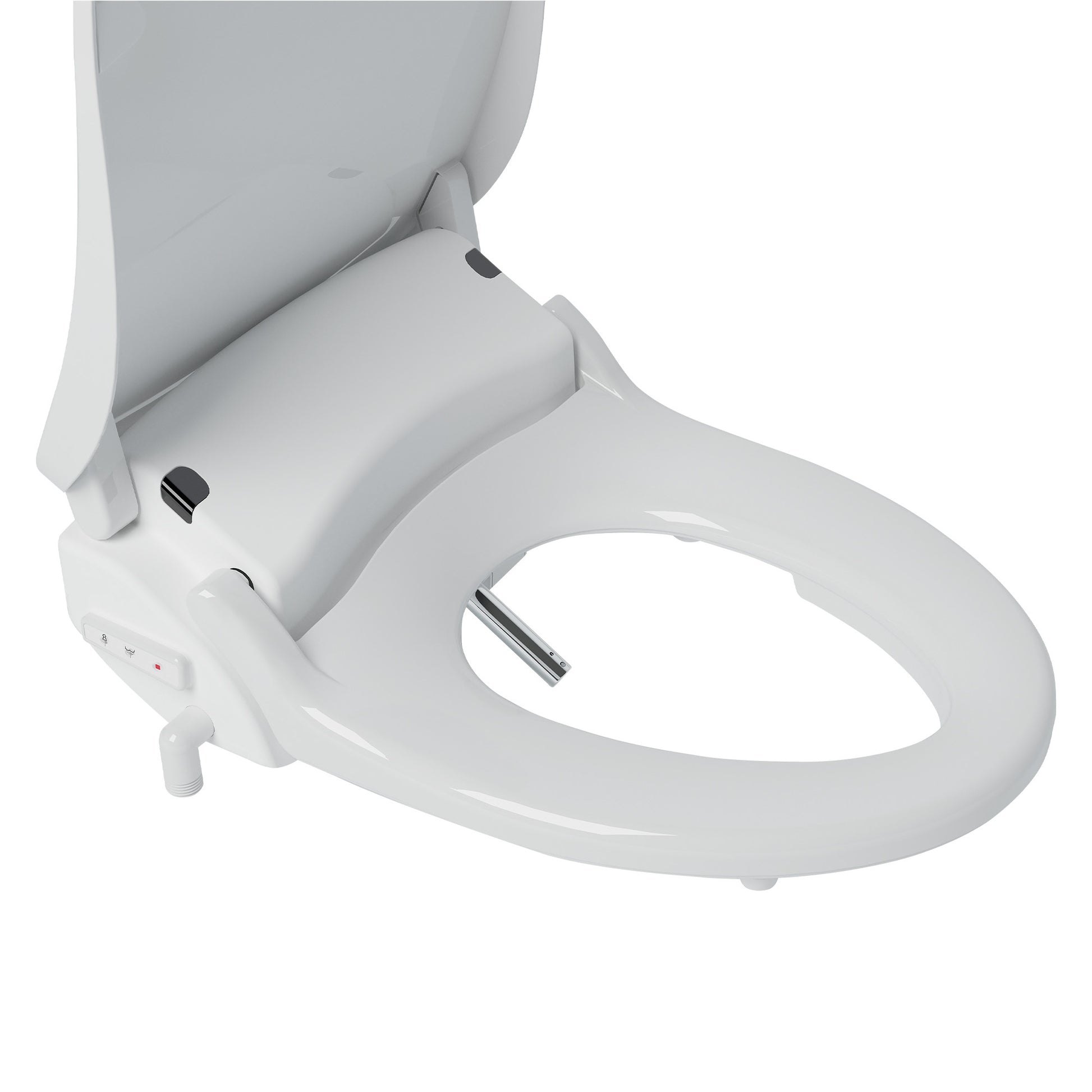 White round bidet toilet seat with control panel and nozzle attachment on side.