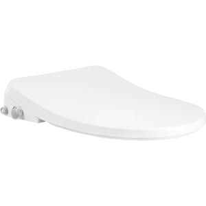 White V-shaped bidet seat with control panel on side and adjustable feet.