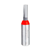 Silver router bit with red band and two straight flutes, 1/4" diameter with Freud branding on shaft.