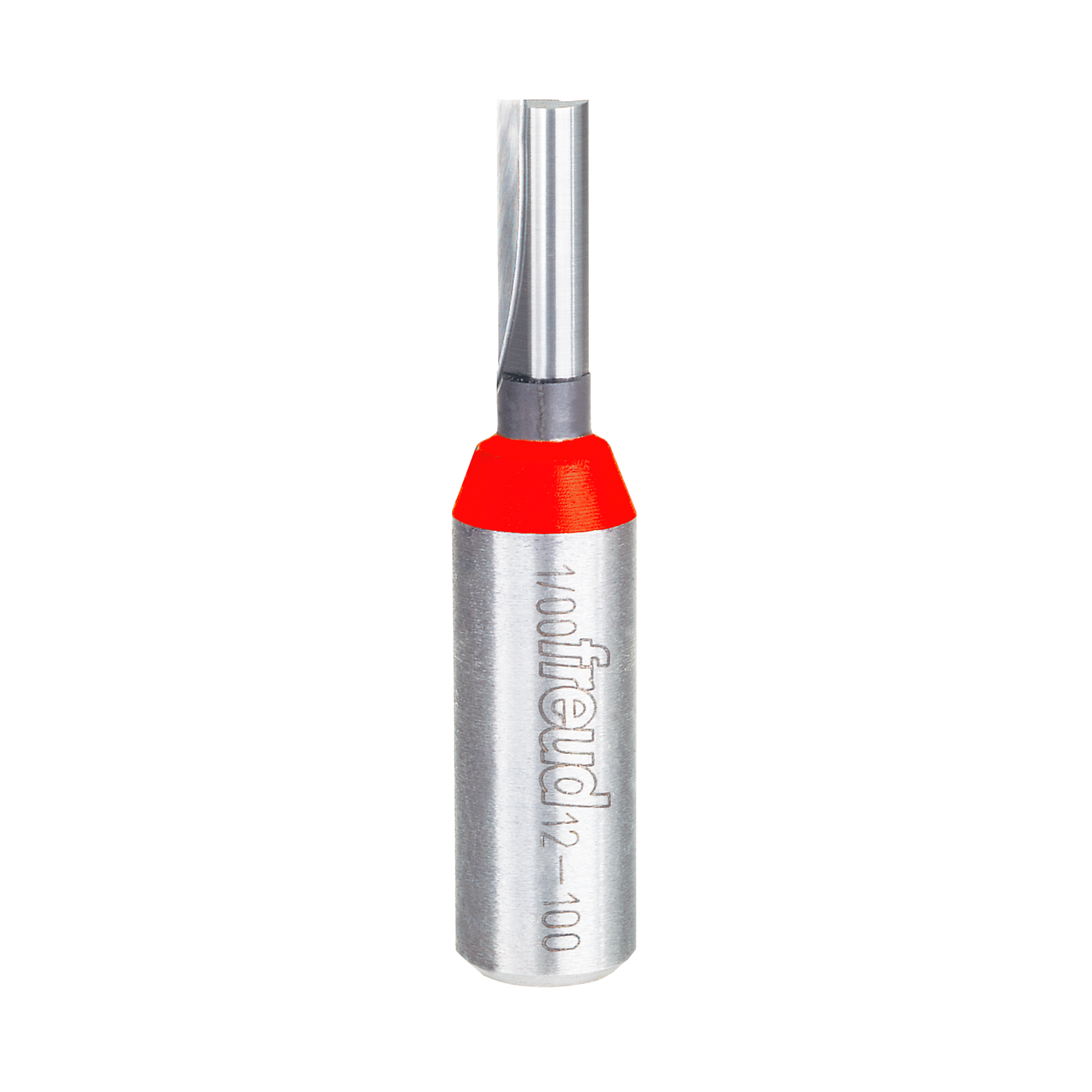 Silver router bit with red band and two straight flutes, 1/4" diameter with Freud branding on shaft.
