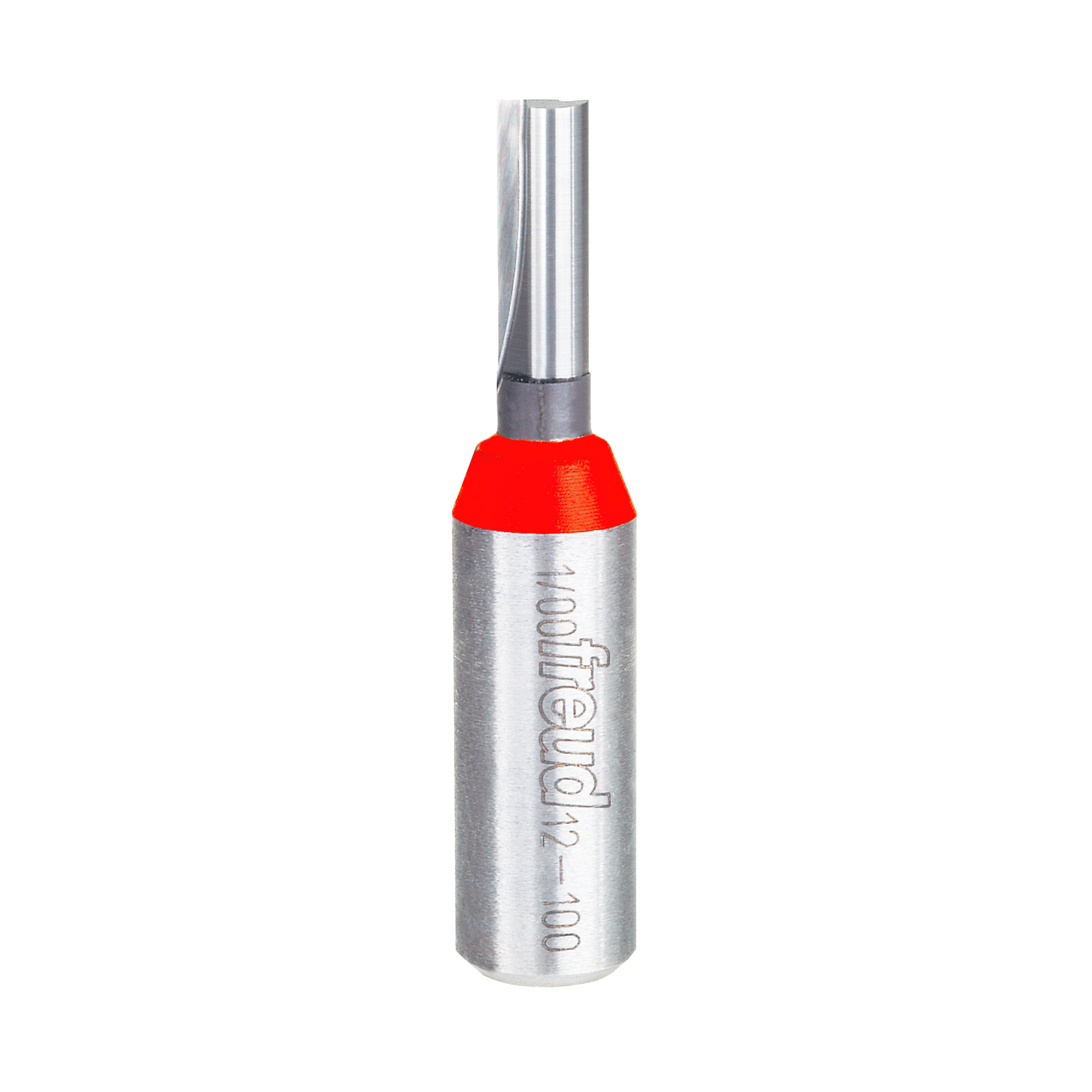 Silver router bit with red band and two straight flutes, 1/4" diameter with Freud branding on shaft.