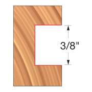 Router bit with 3/8" groove width shown in cross-section on wood sample.