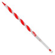 Red and gray auger bit with spiral flutes and pointed tip for wood drilling.