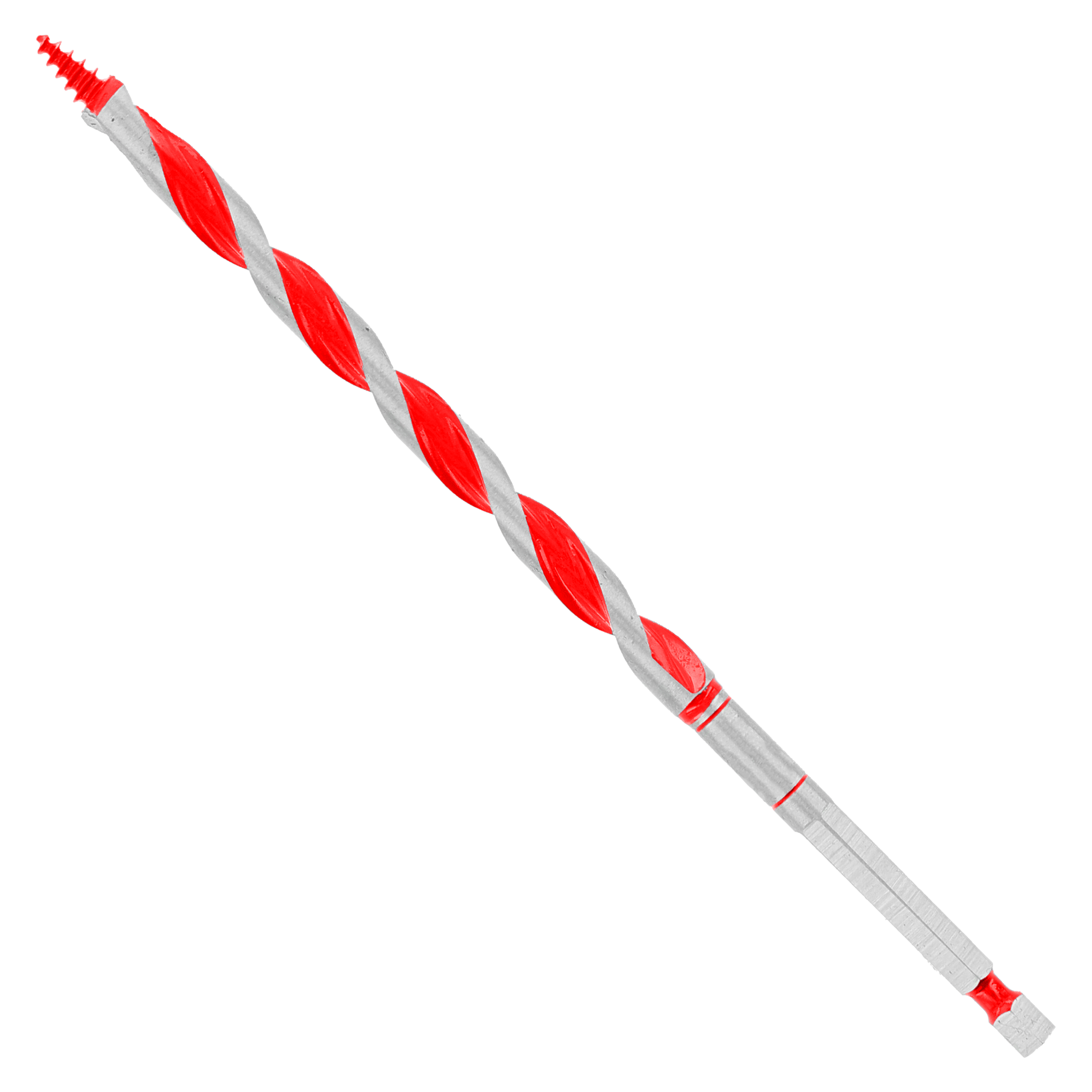 Red and gray auger bit with spiral flutes and pointed tip for wood drilling.