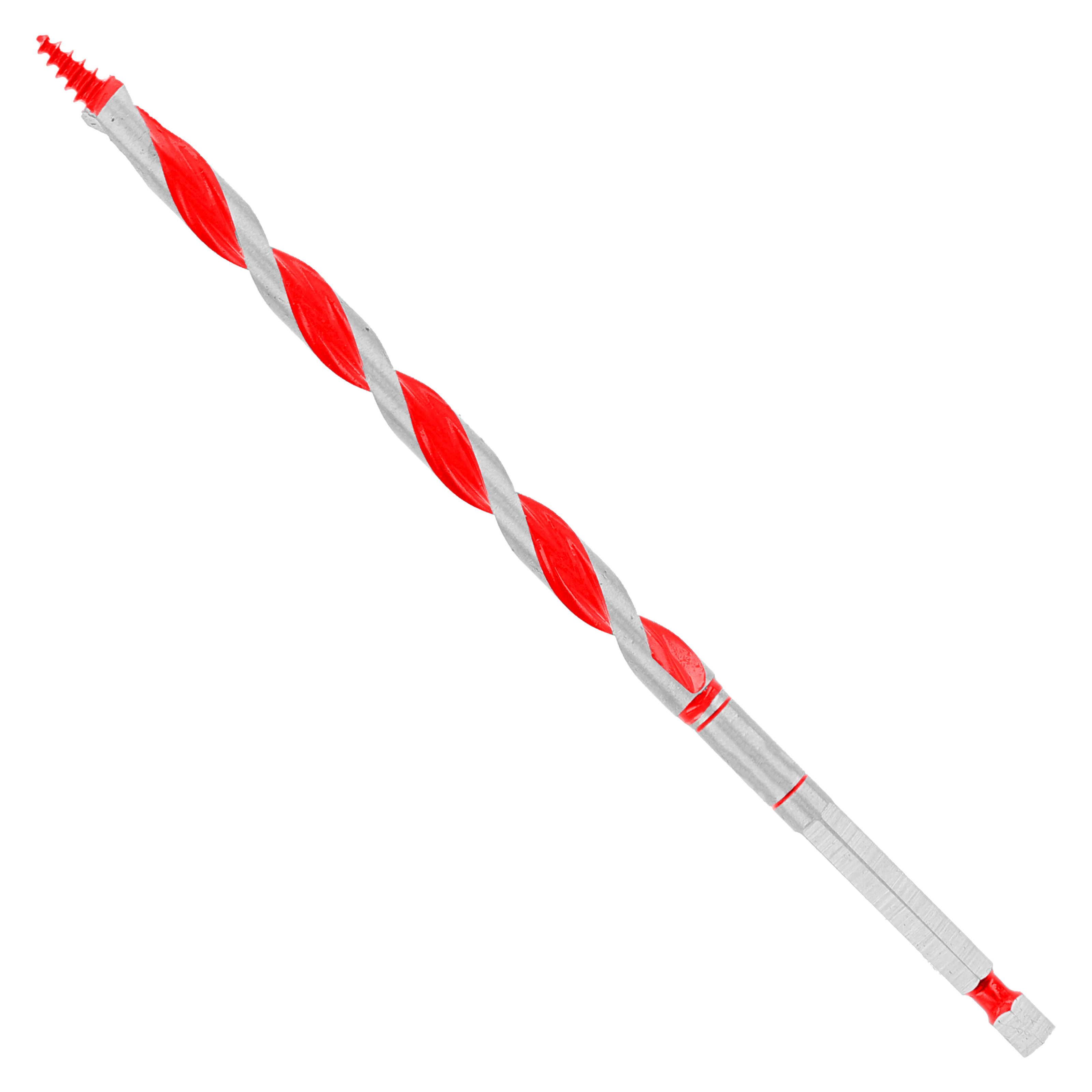 Red and gray auger bit with spiral flutes and pointed tip for wood drilling.
