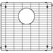 Stainless steel sink grid with rectangular pattern and circular drain opening, featuring corner feet and mounting clips.