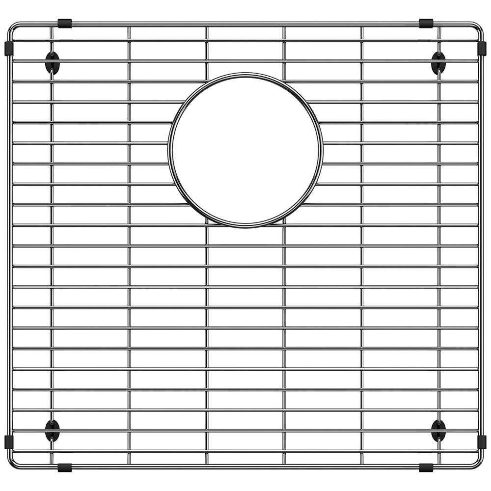 Stainless steel sink grid with rectangular pattern and circular drain opening, featuring corner feet and mounting clips.