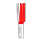 Red and silver straight router bit with dual cutting flutes and cylindrical metal shank marked with Freud branding.