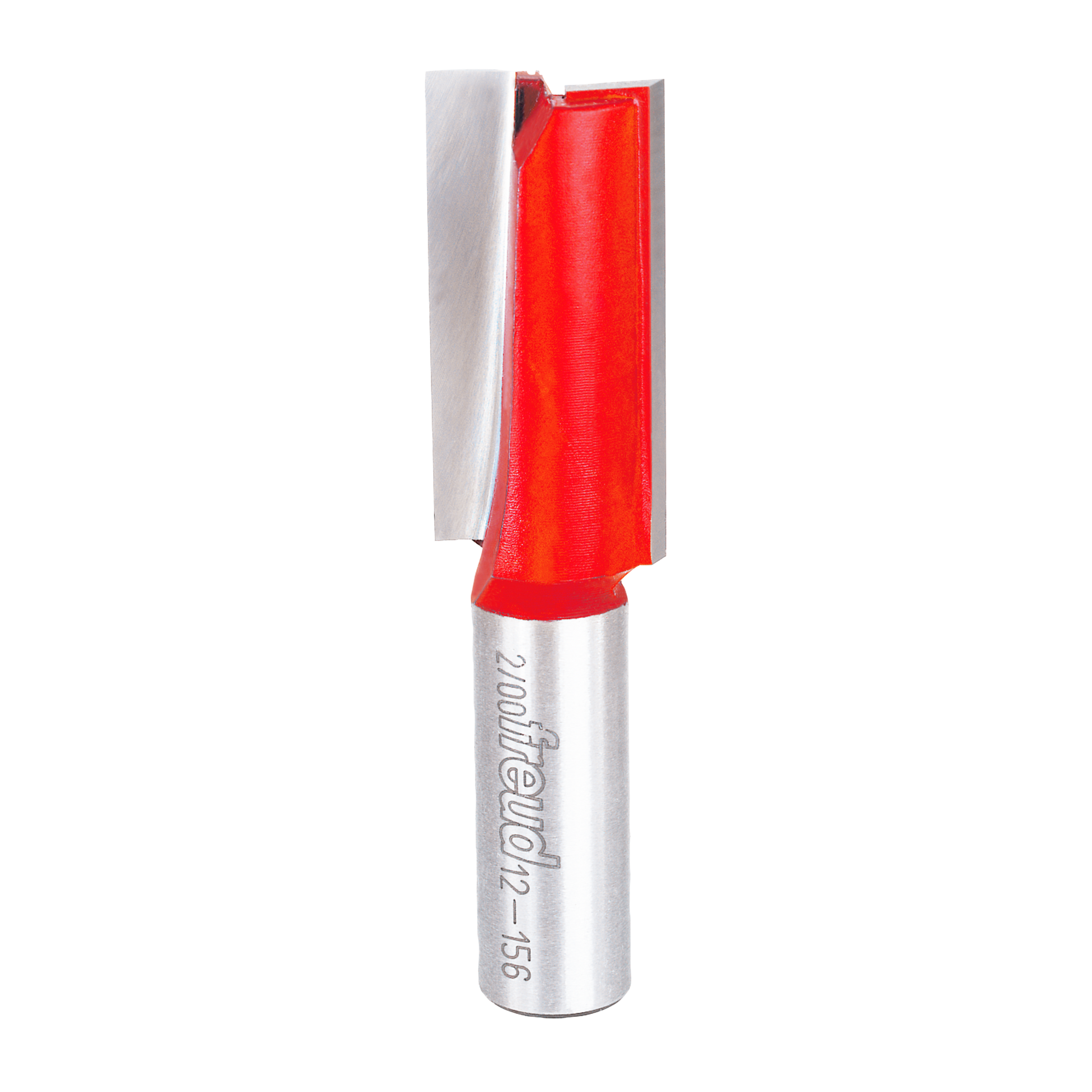 Red and silver straight router bit with dual cutting flutes and cylindrical metal shank marked with Freud branding.