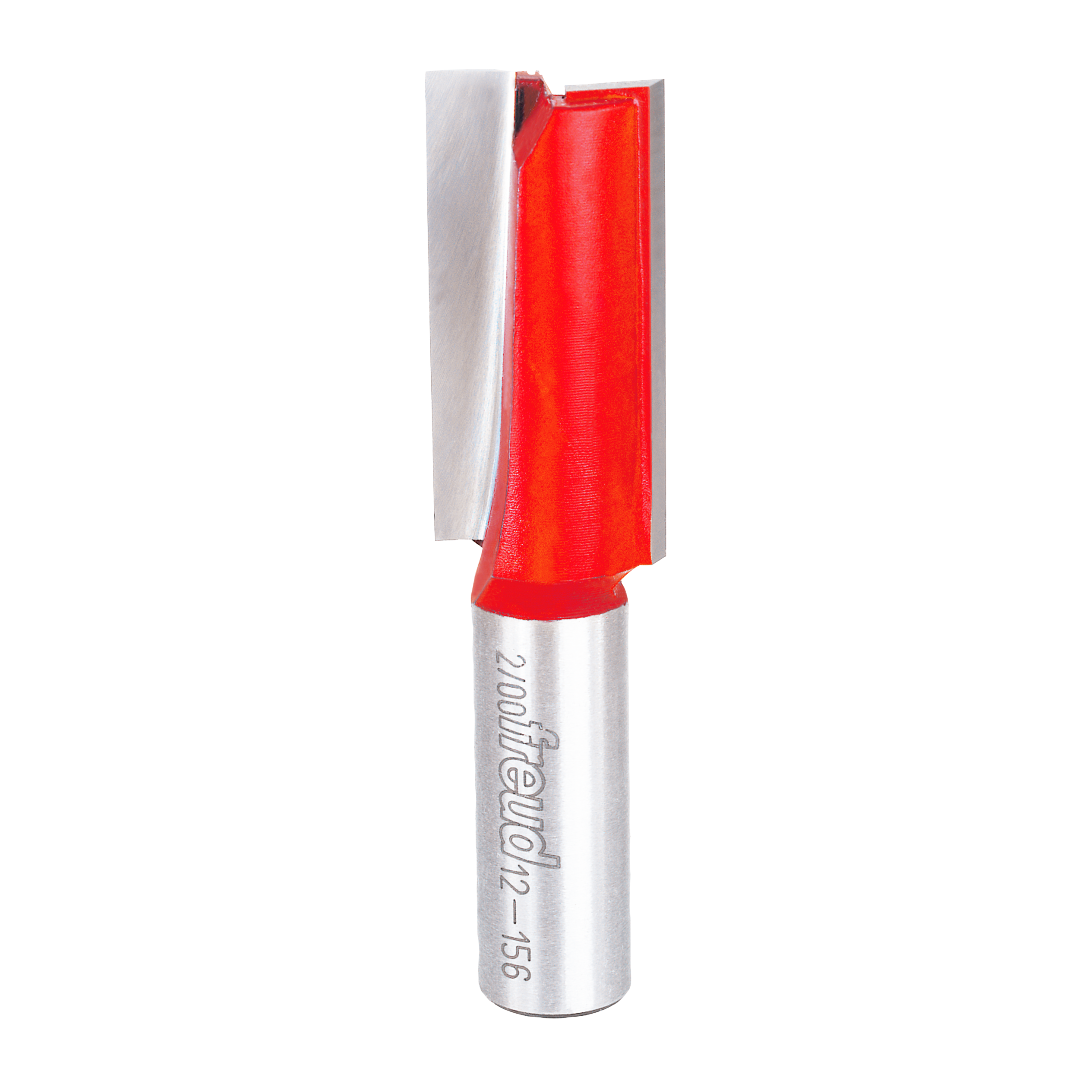 Red and silver straight router bit with dual cutting flutes and cylindrical metal shank marked with Freud branding.