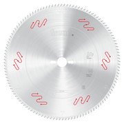 Freud 350mm circular saw blade with carbide teeth and red anti-vibration slots around the perimeter.