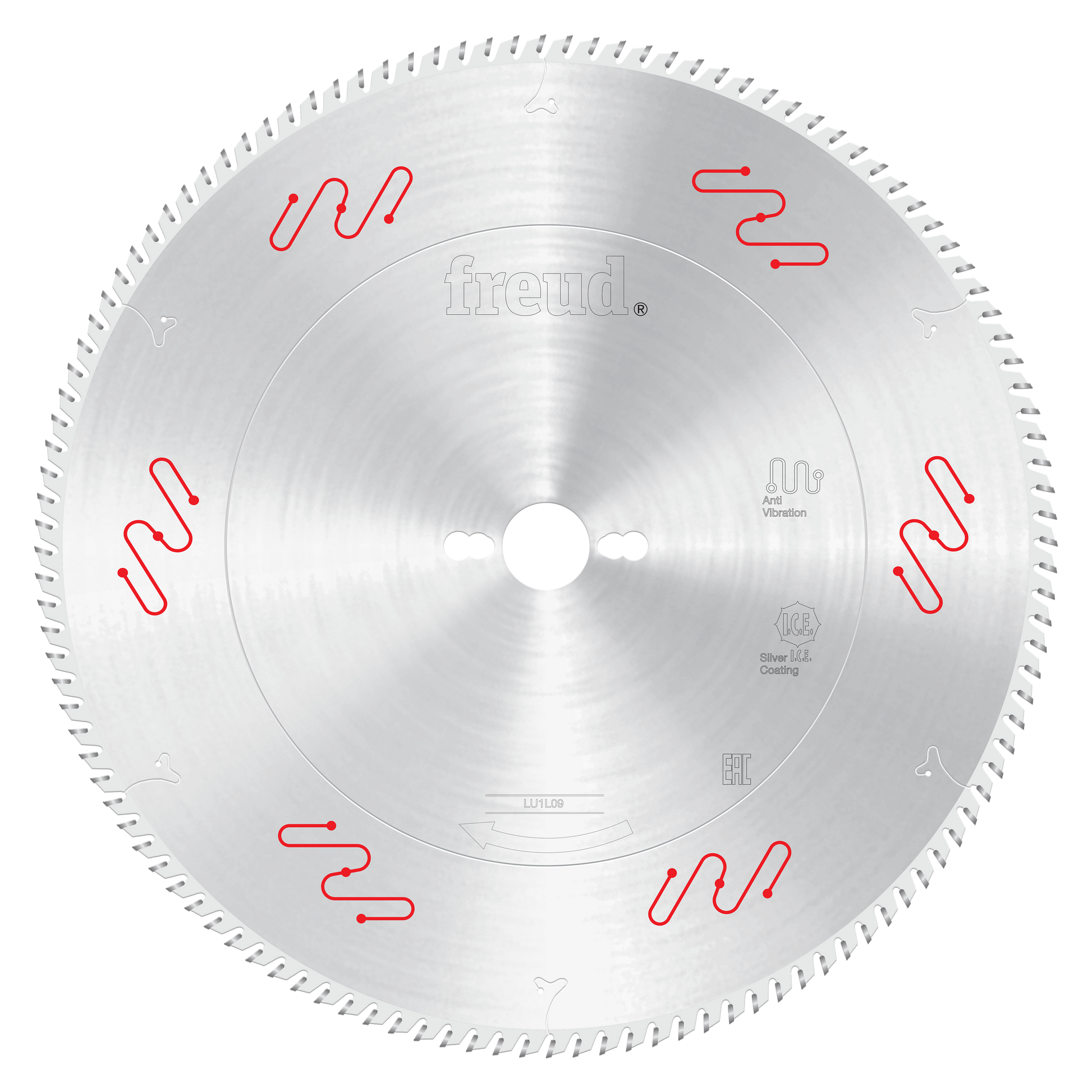 Freud 350mm circular saw blade with carbide teeth and red anti-vibration slots around the perimeter.
