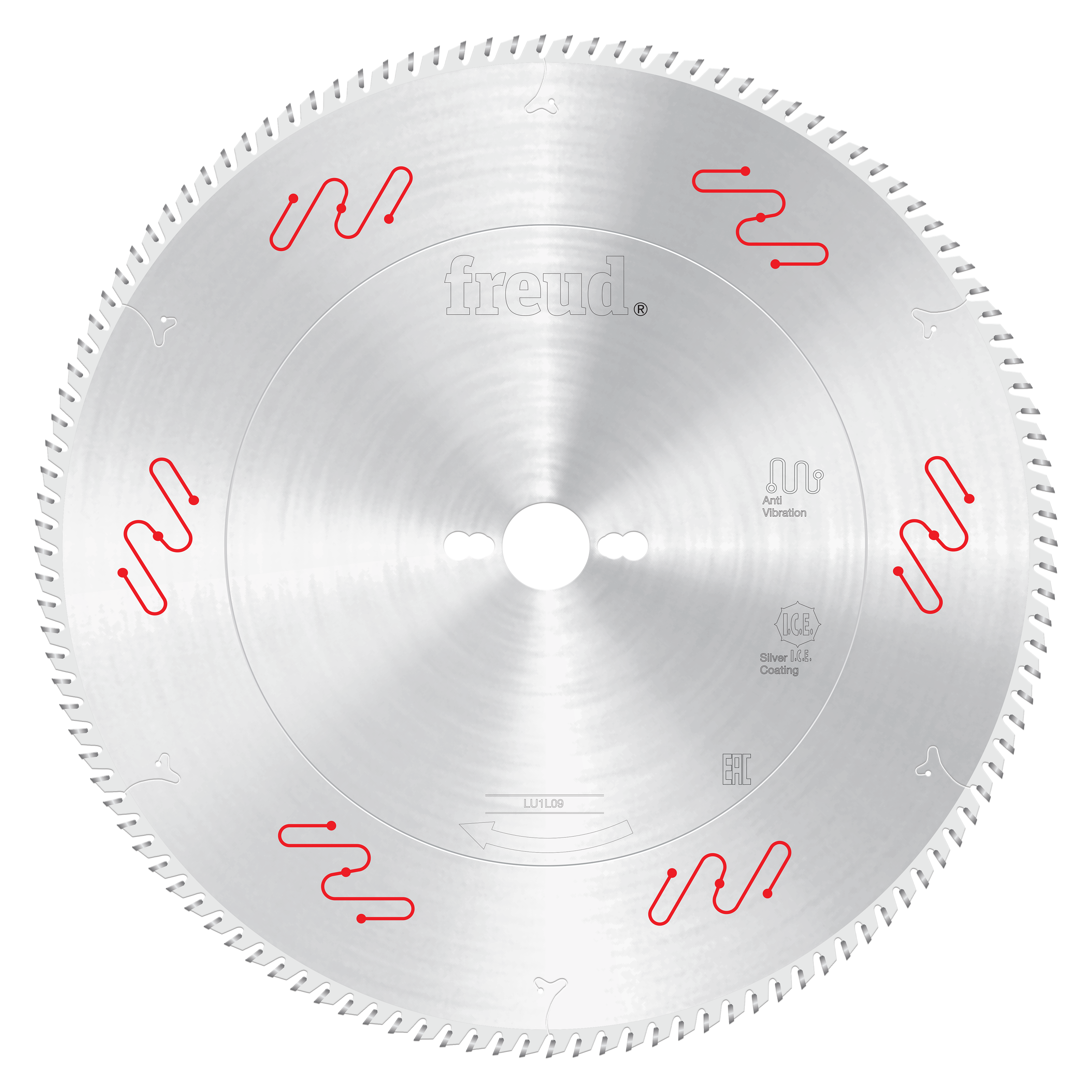 Freud 350mm circular saw blade with carbide teeth and red anti-vibration slots around the perimeter.