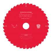 Red circular saw blade with white teeth around perimeter, center hole, and Freud branding.