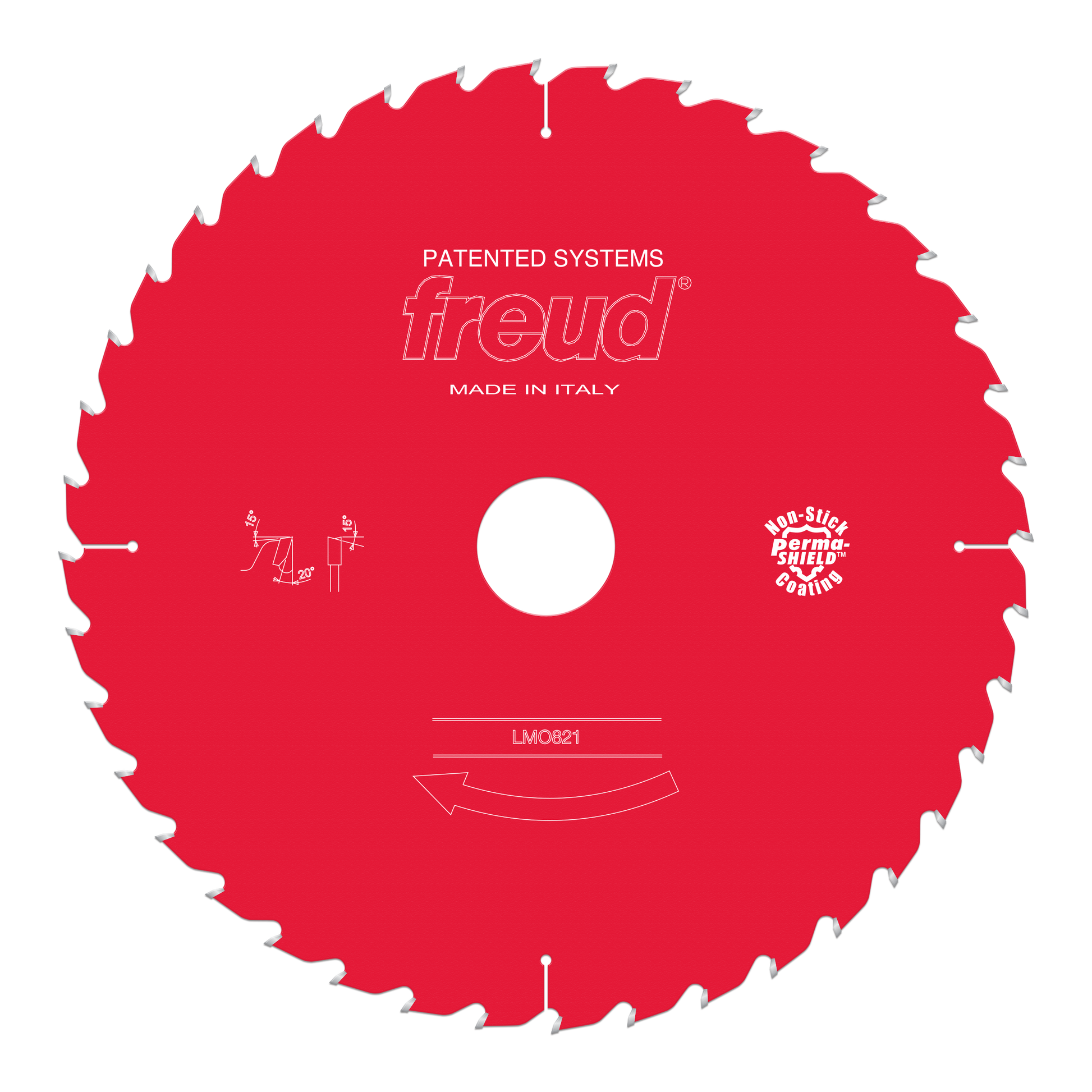 Red circular saw blade with white teeth around perimeter, center hole, and Freud branding.