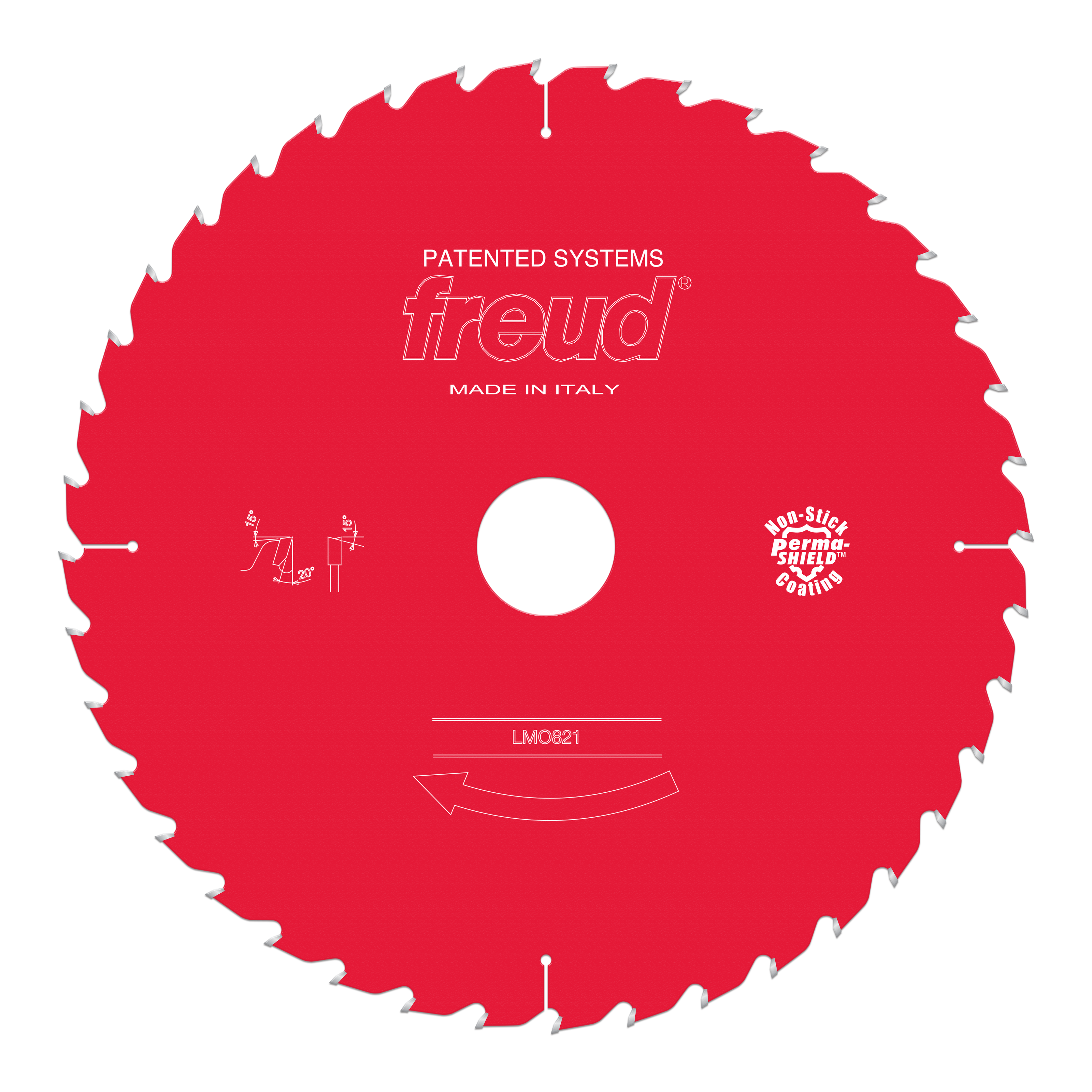 Red circular saw blade with white teeth around perimeter, center hole, and Freud branding.