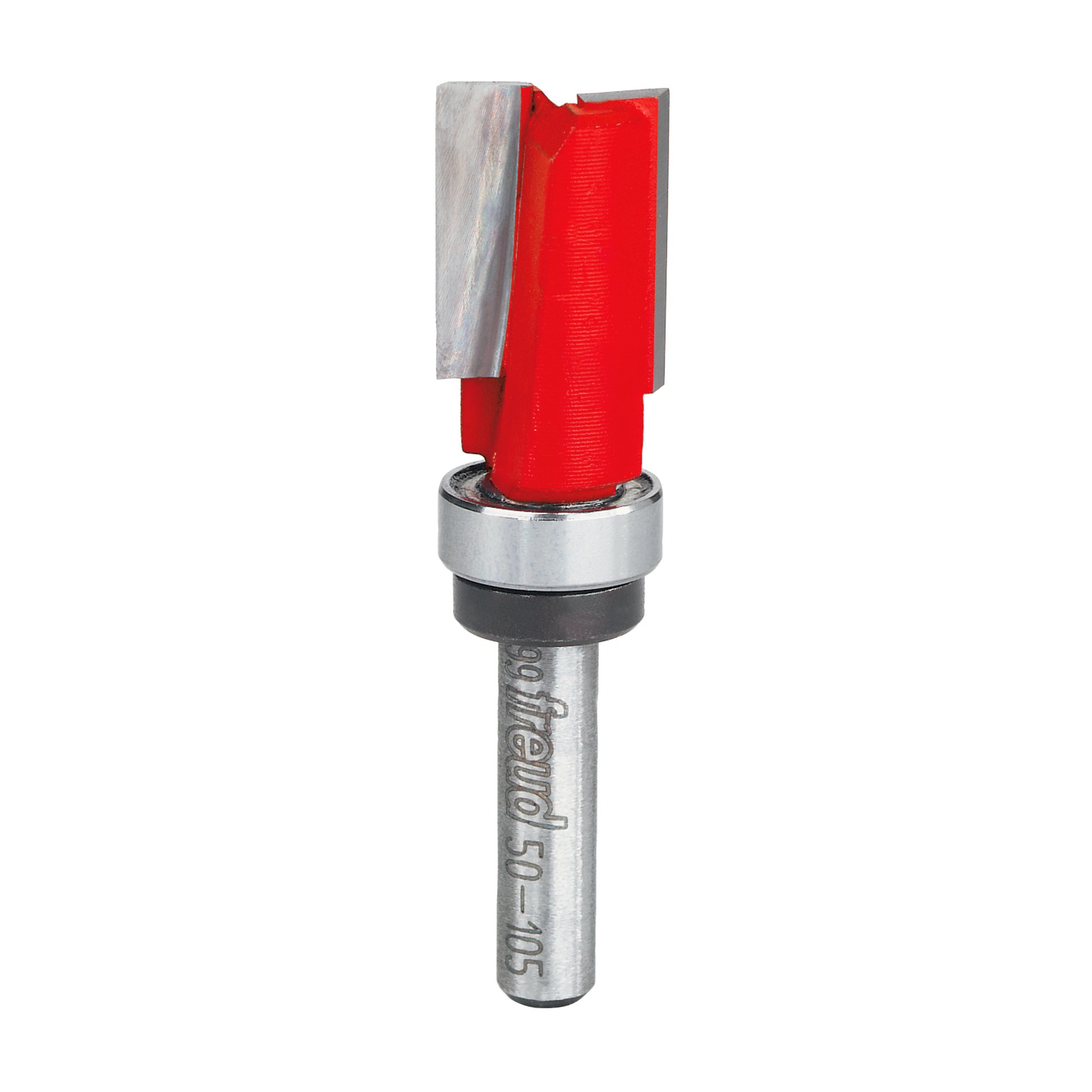 Freud flush trim router bit with red cutting head, metal bearing, and silver shank marked with product number.