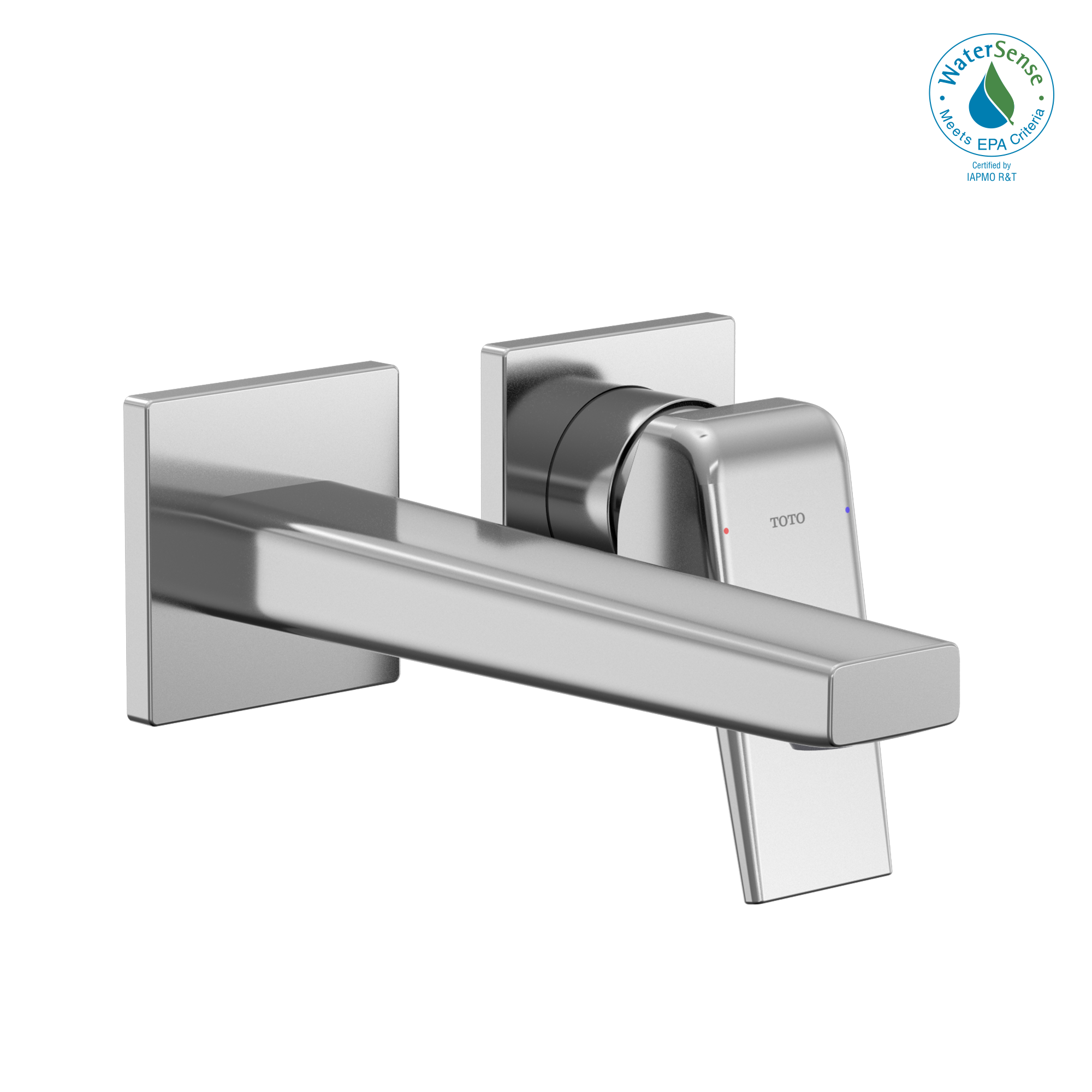 Polished chrome wall-mount bathroom faucet with single handle and rectangular spout extending from square escutcheon plates.