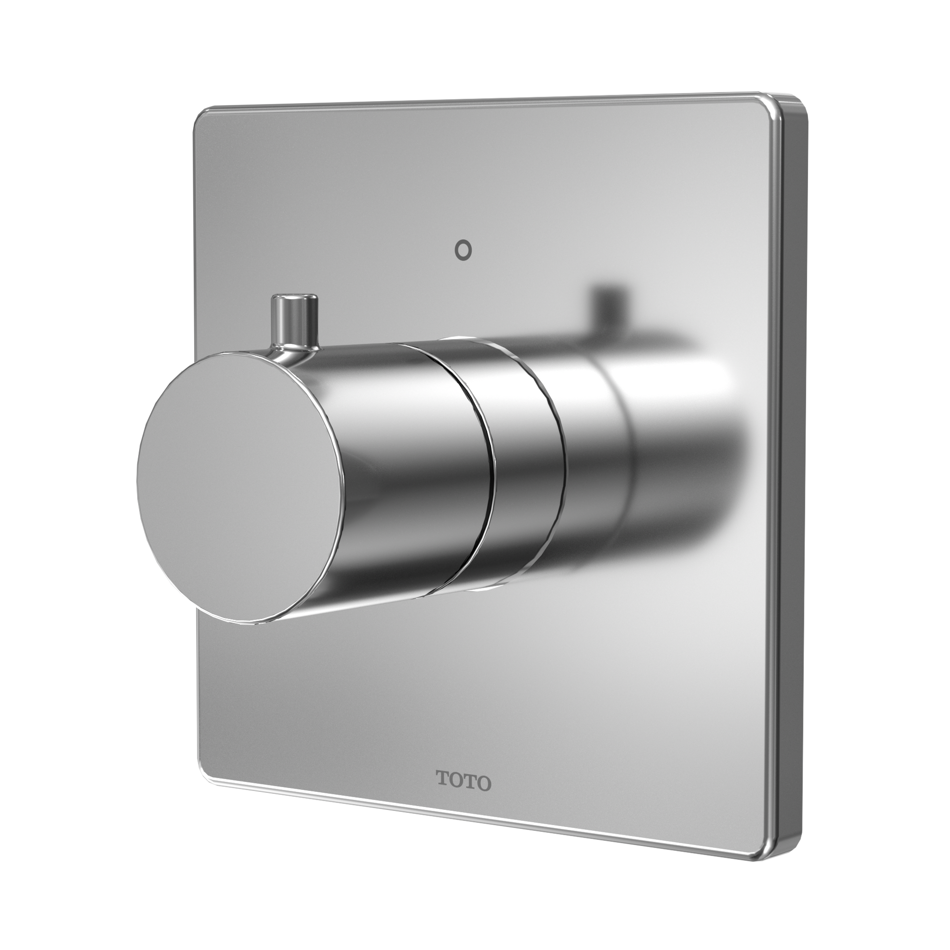 Polished chrome square shower valve trim with cylindrical control knob and lever handle on square mounting plate.