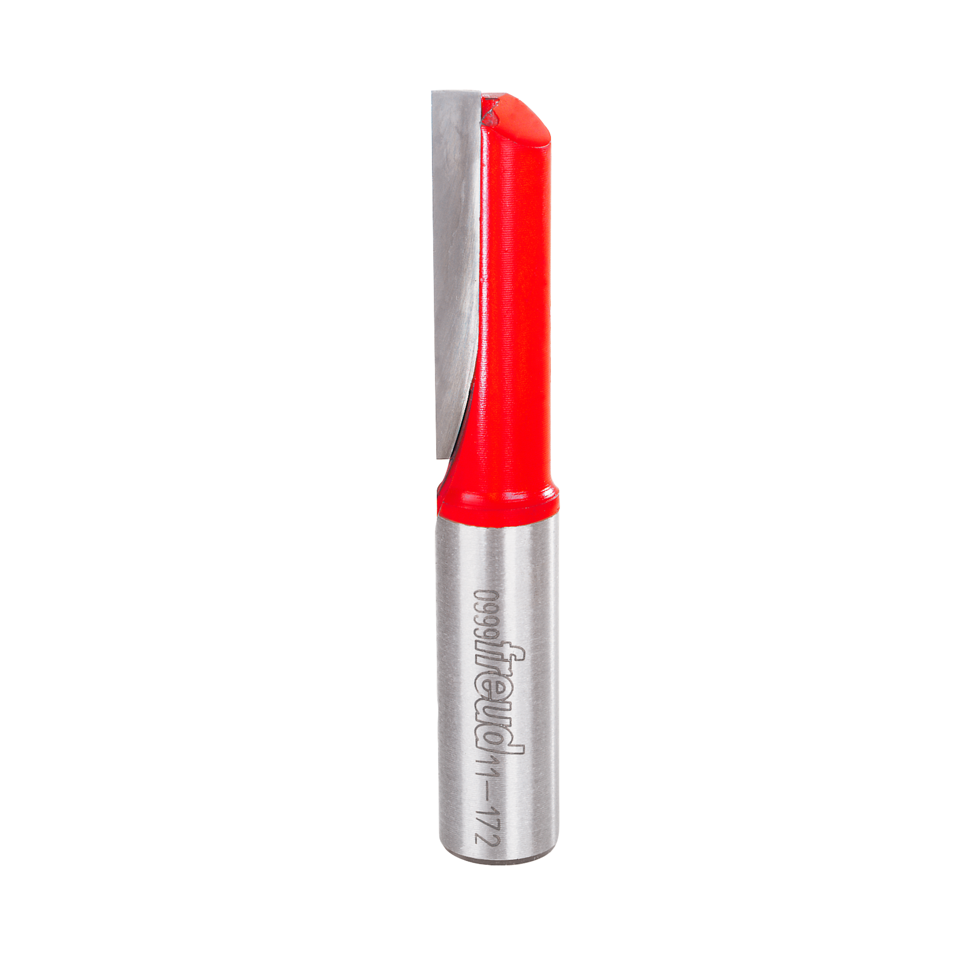 Freud single flute straight router bit with red plastic cap and metal shaft.