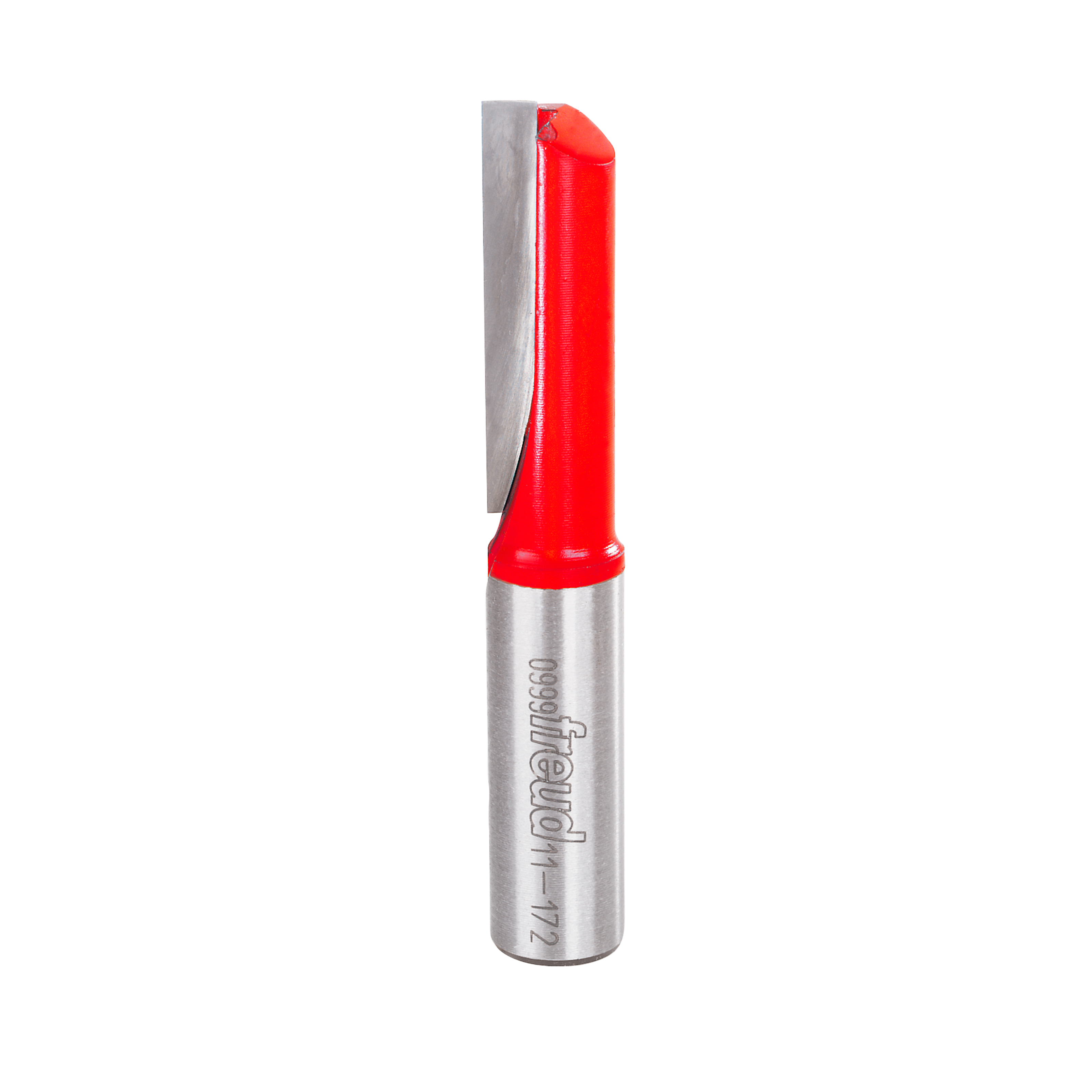 Freud single flute straight router bit with red plastic cap and metal shaft.