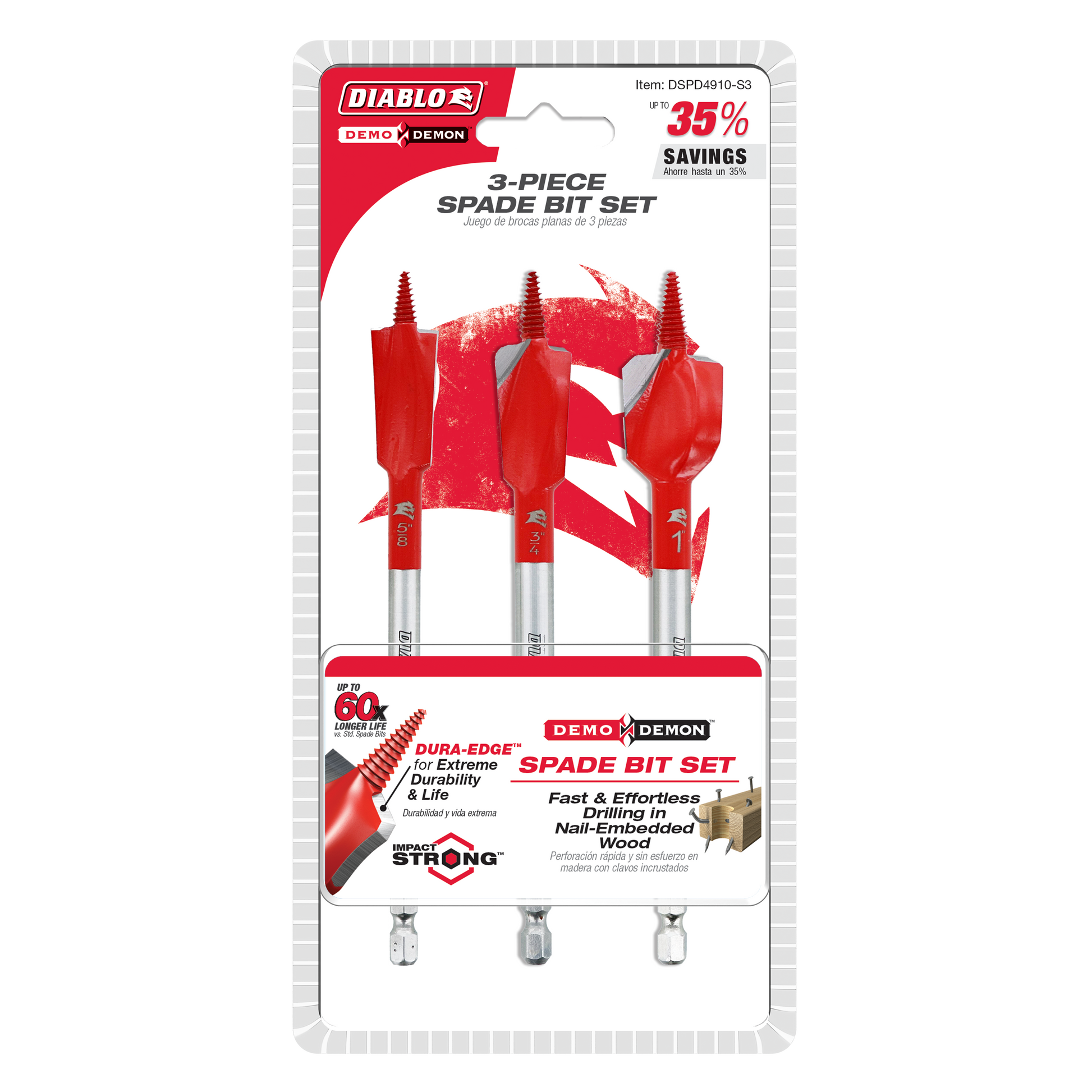 Three red Diablo spade bits with silver shanks displayed on blister card packaging.