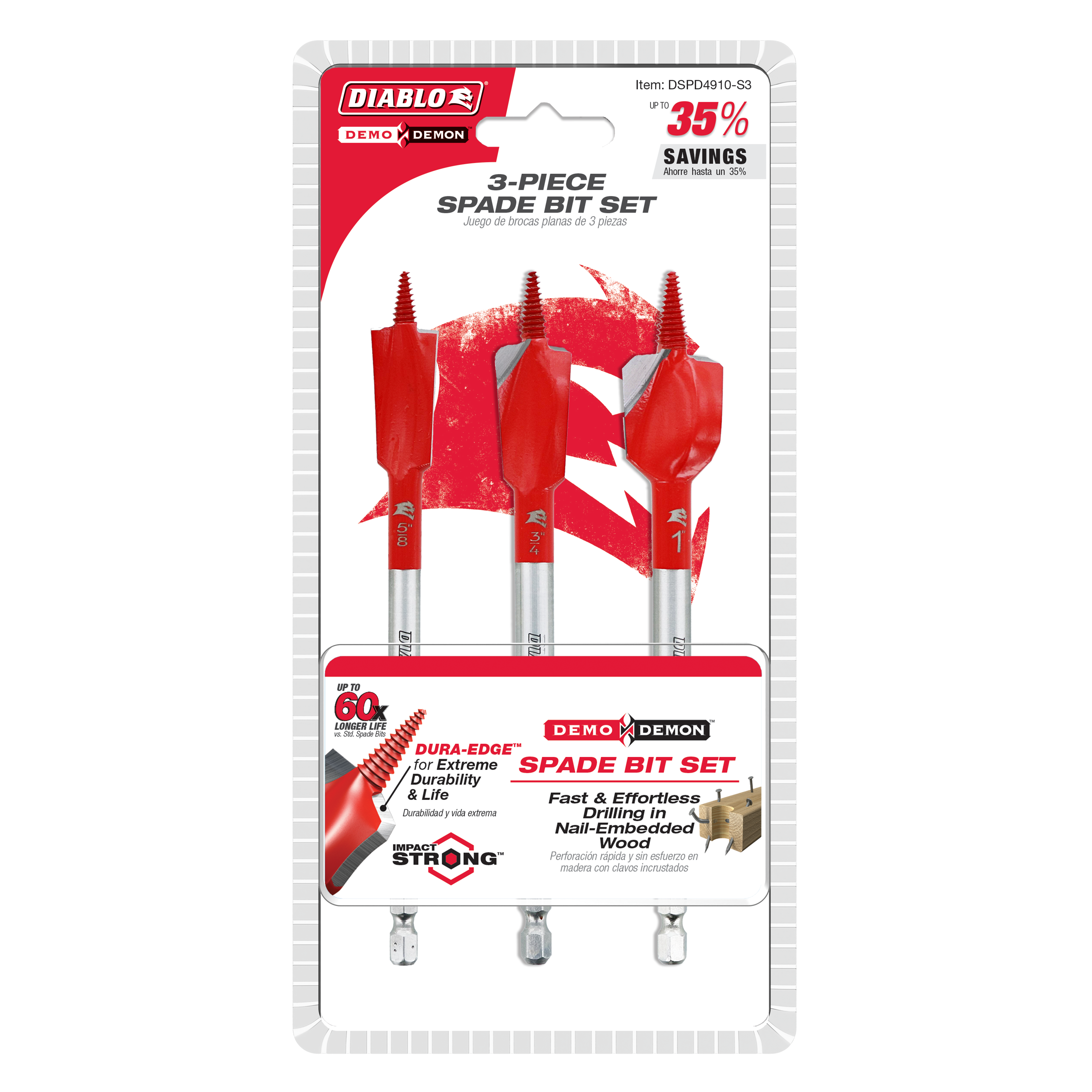 Three red Diablo spade bits with silver shanks displayed on blister card packaging.