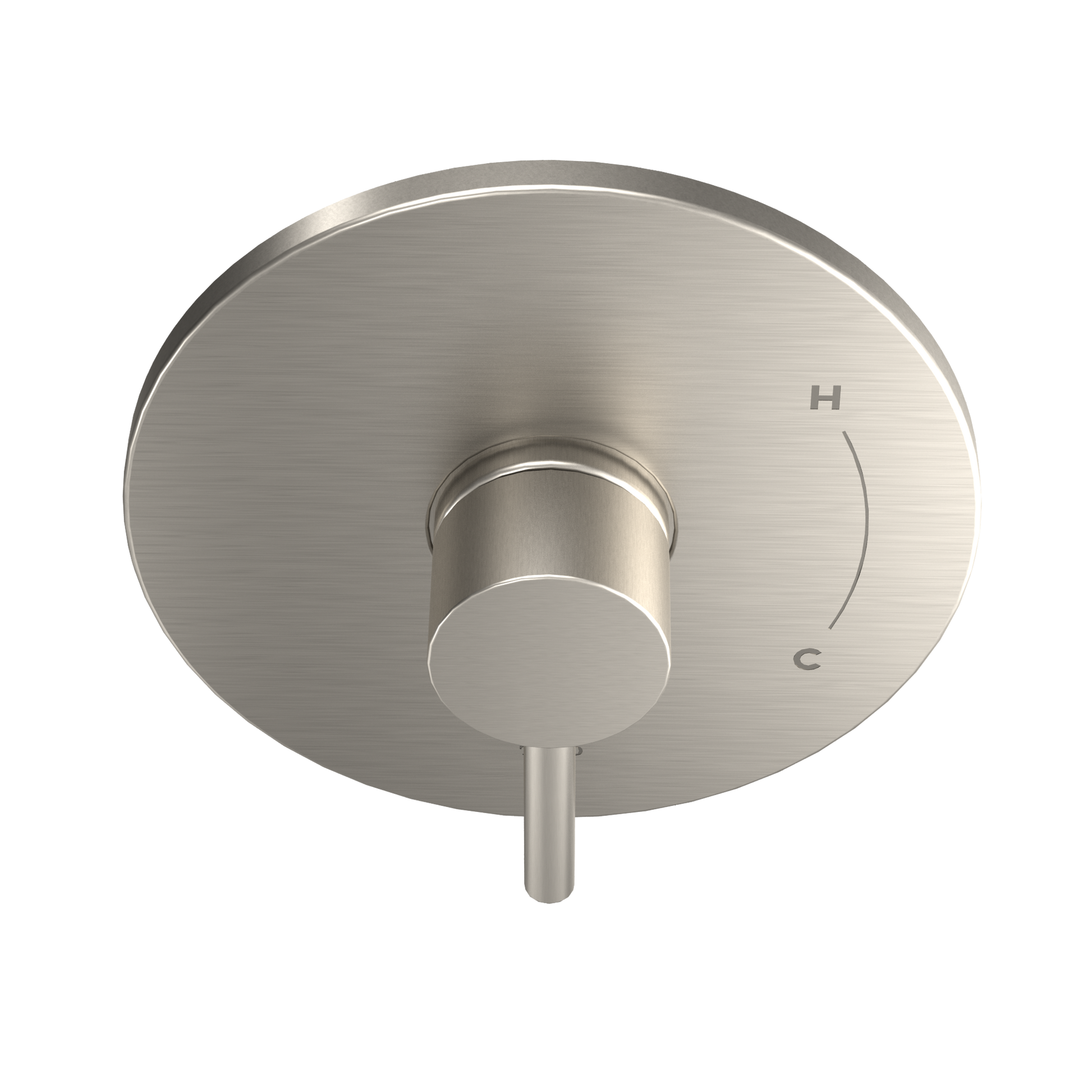 Brushed nickel round shower valve trim with single lever handle and H/C markings on circular escutcheon plate.
