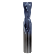 Blue and gray coated double compression router bit with helical flutes and two cutting edges at the top.