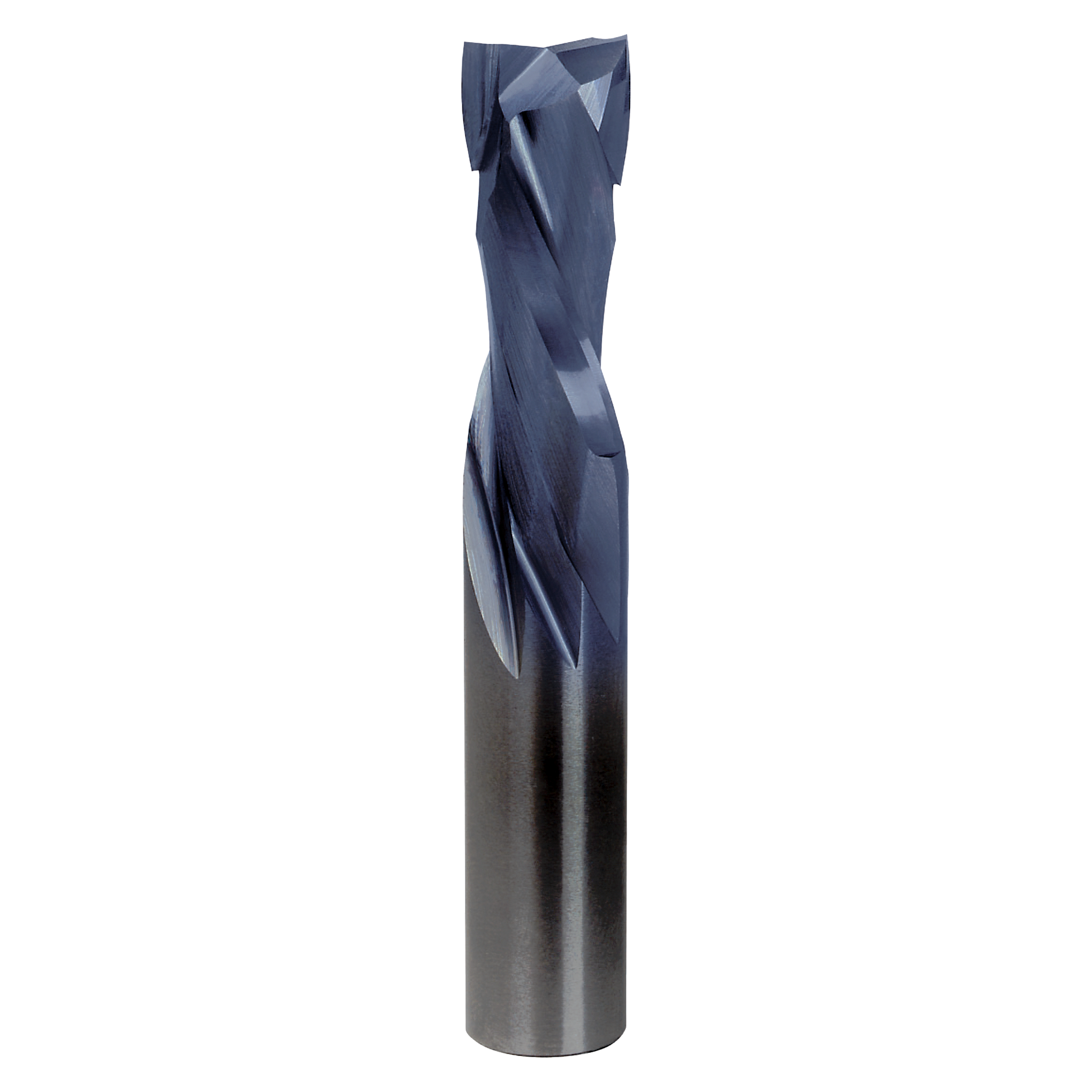Blue and gray coated double compression router bit with helical flutes and two cutting edges at the top.