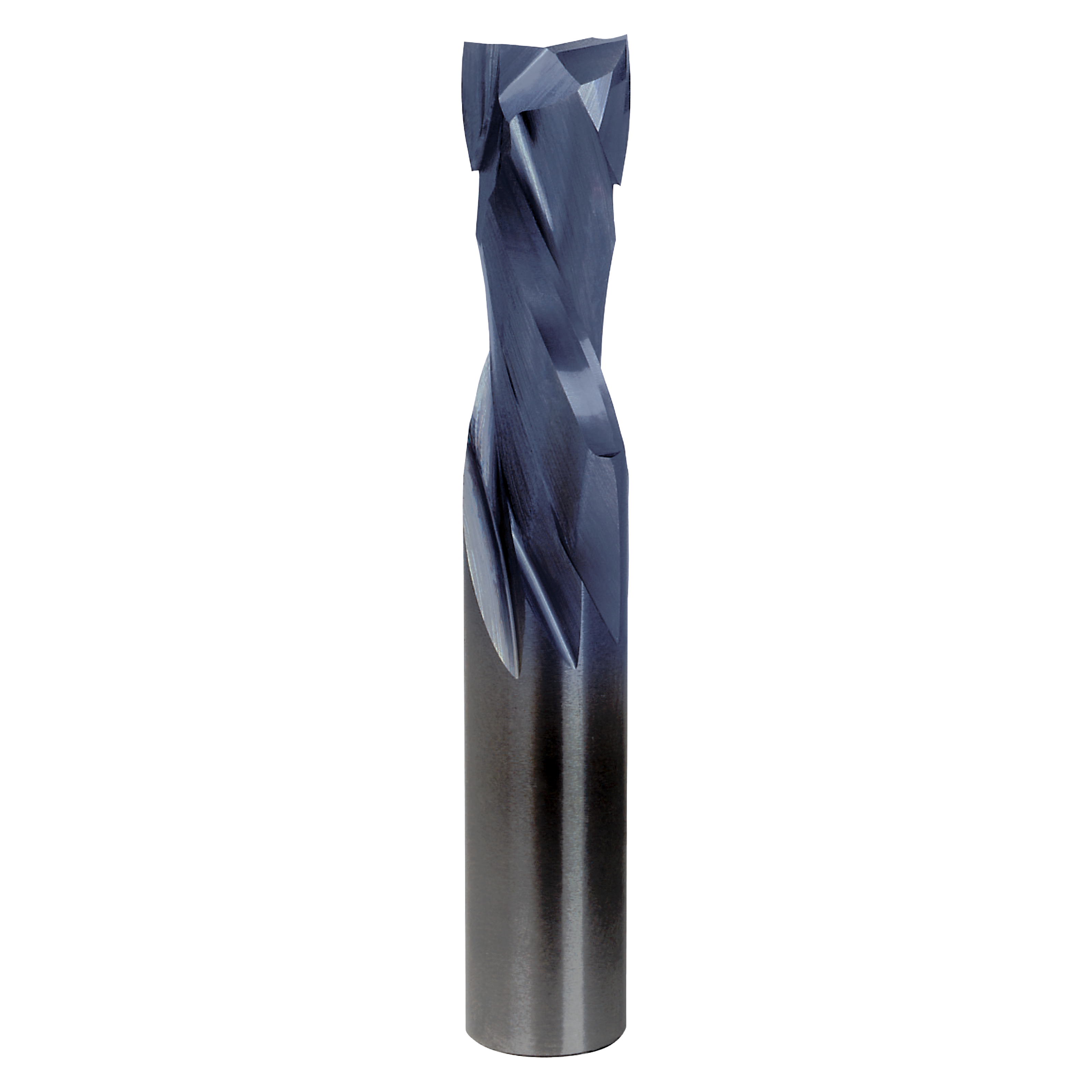 Blue and gray coated double compression router bit with helical flutes and two cutting edges at the top.