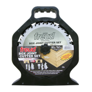 Freud SBOX8 box joint cutter set with 8-inch saw blade and router bits in black carrying case.