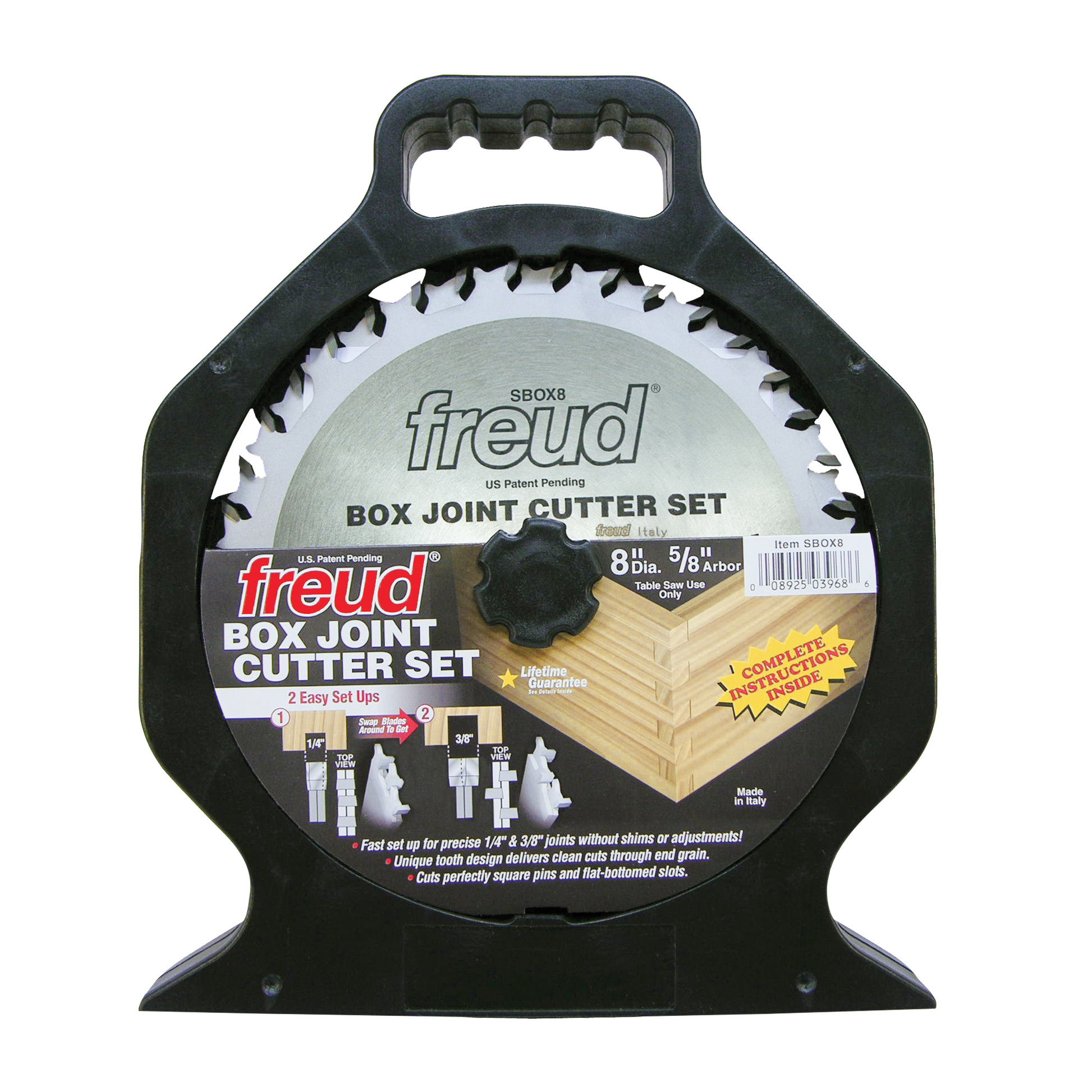 Freud SBOX8 box joint cutter set with 8-inch saw blade and router bits in black carrying case.