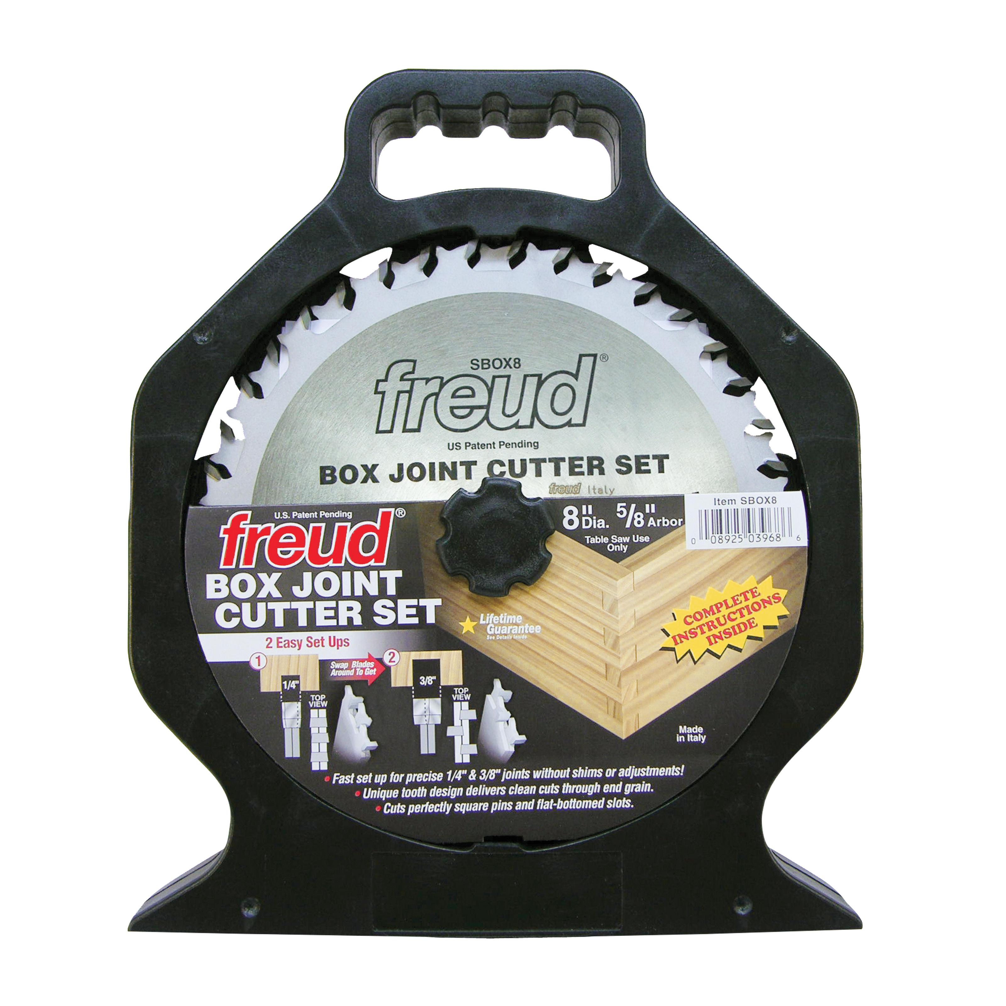 Freud SBOX8 box joint cutter set with 8-inch saw blade and router bits in black carrying case.