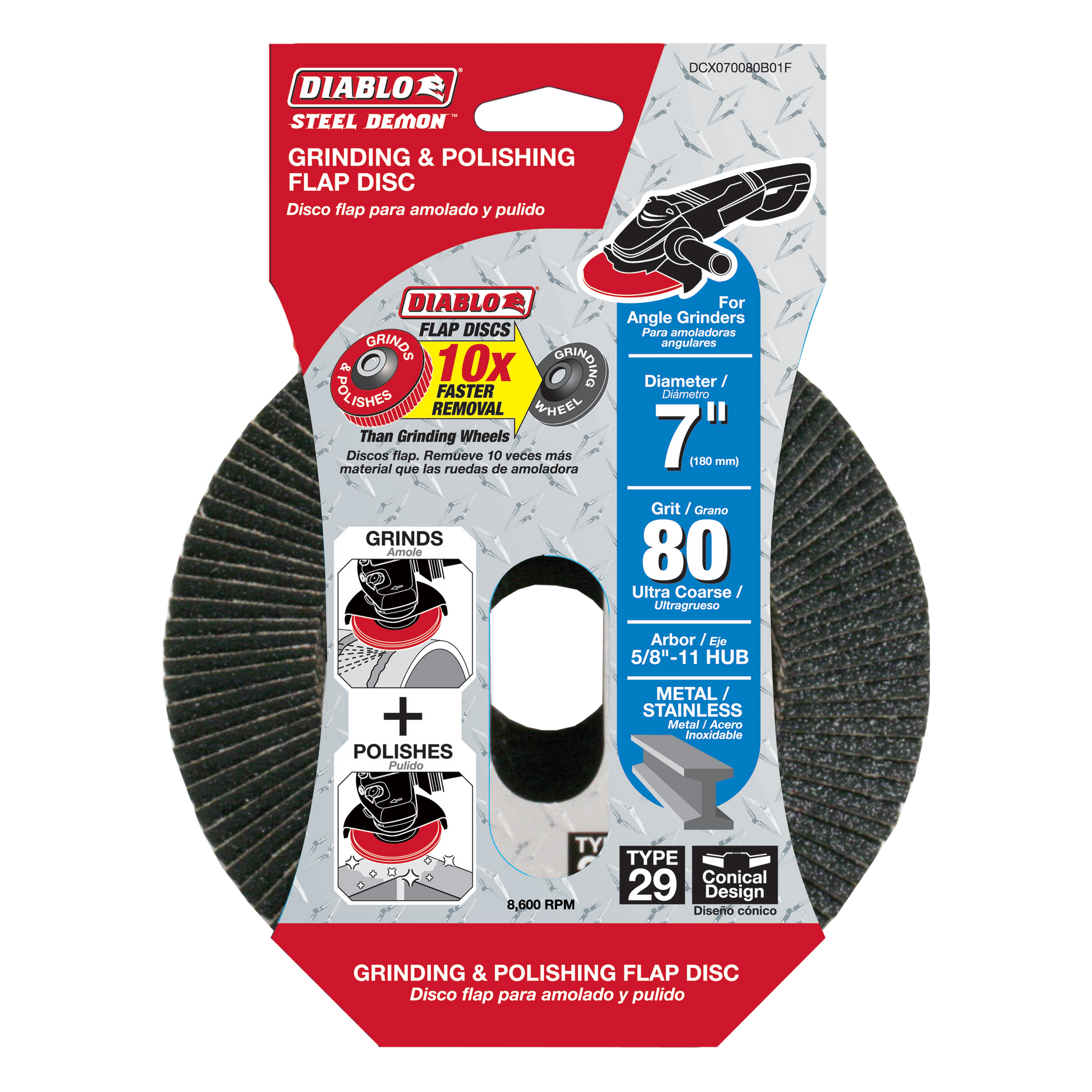 Diablo Steel Demon 7-inch flap disc with 80 grit abrasive surface and black hub center.