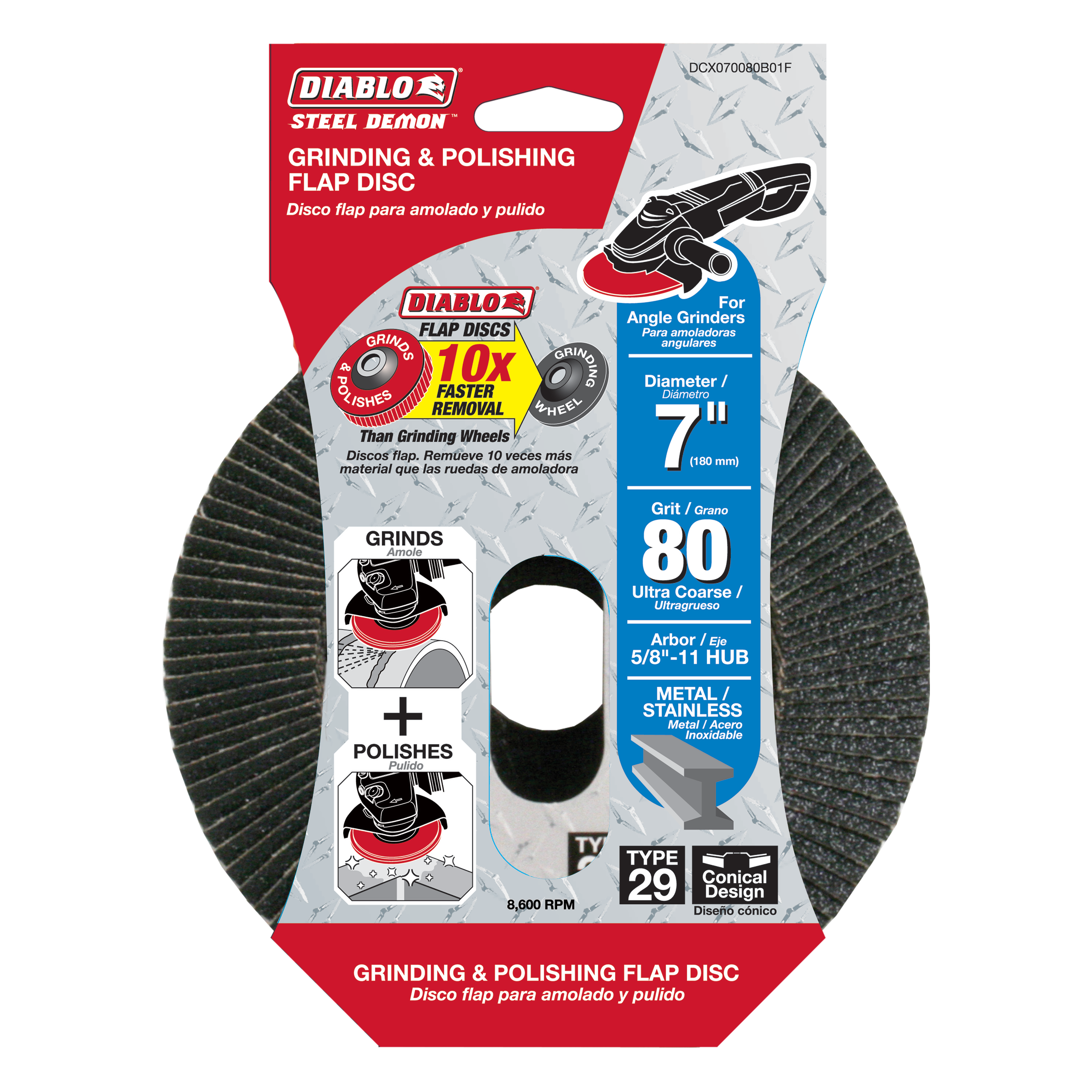 Diablo Steel Demon 7-inch flap disc with 80 grit abrasive surface and black hub center.
