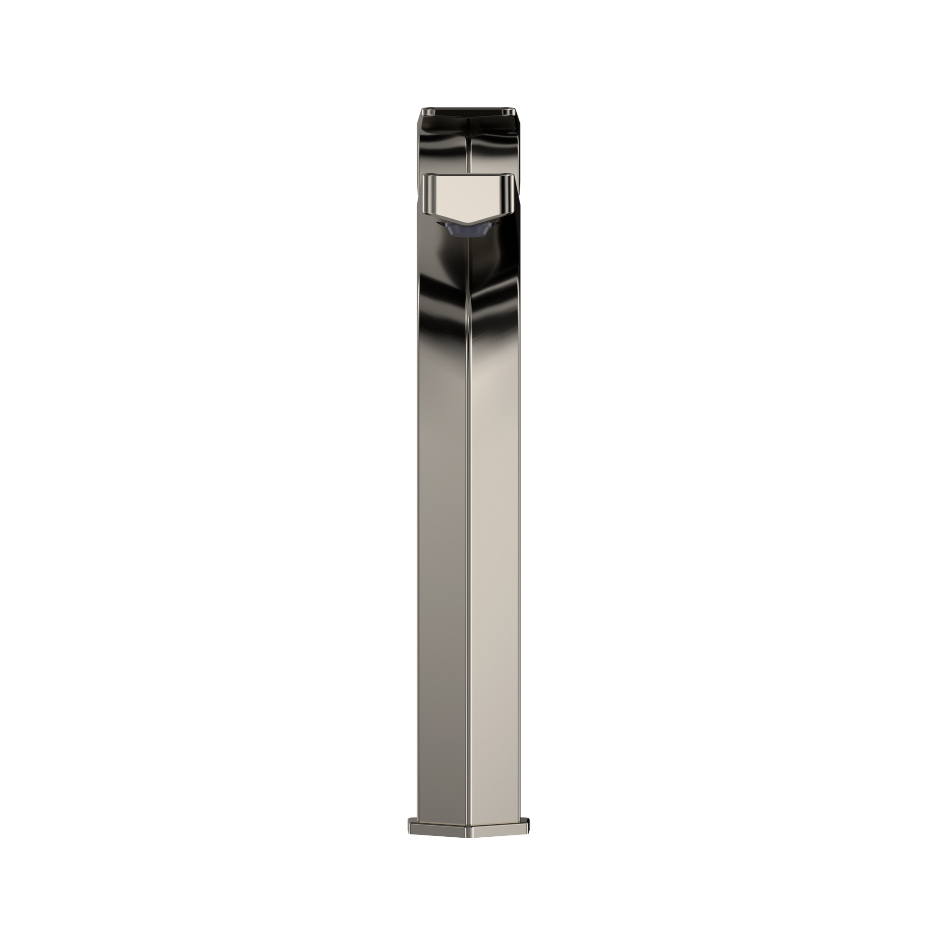 Polished nickel single-handle vessel faucet with tall rectangular spout and black accent handle at top.