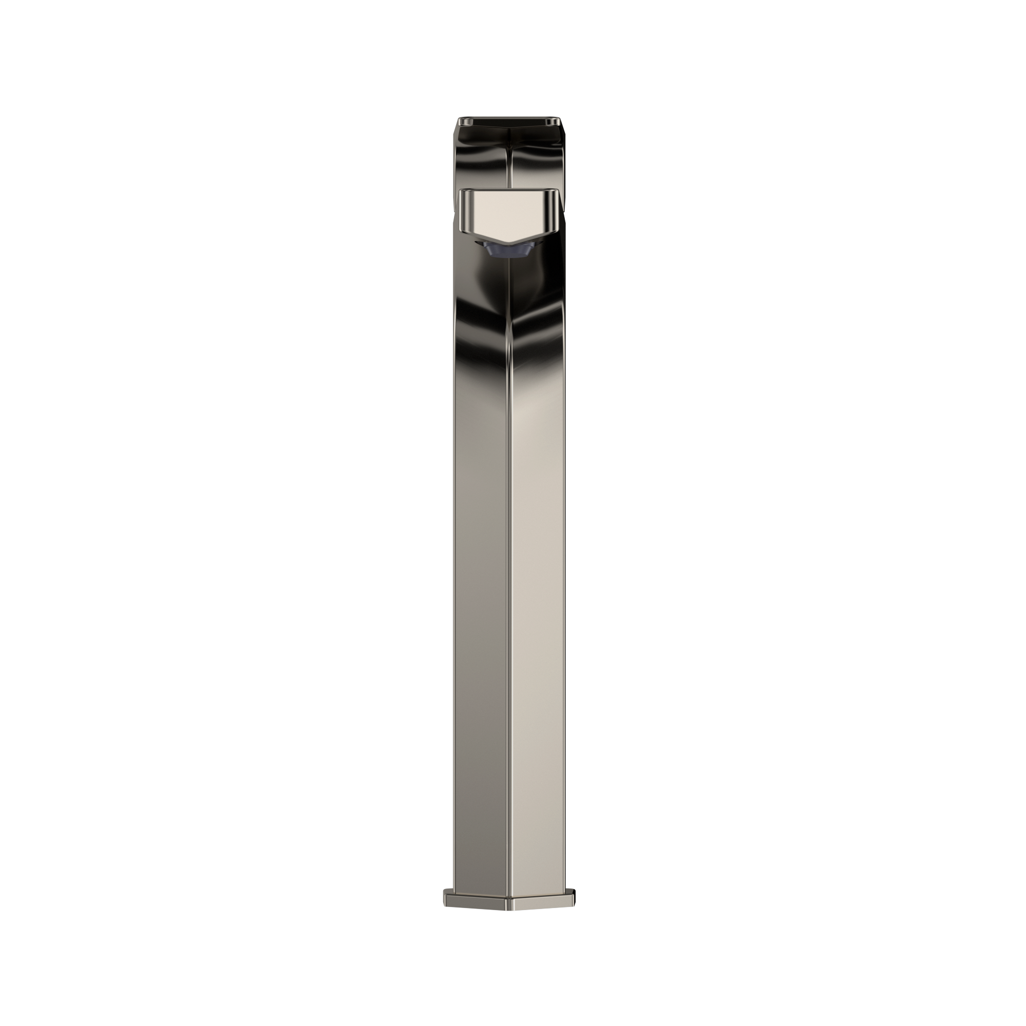 Polished nickel single-handle vessel faucet with tall rectangular spout and black accent handle at top.