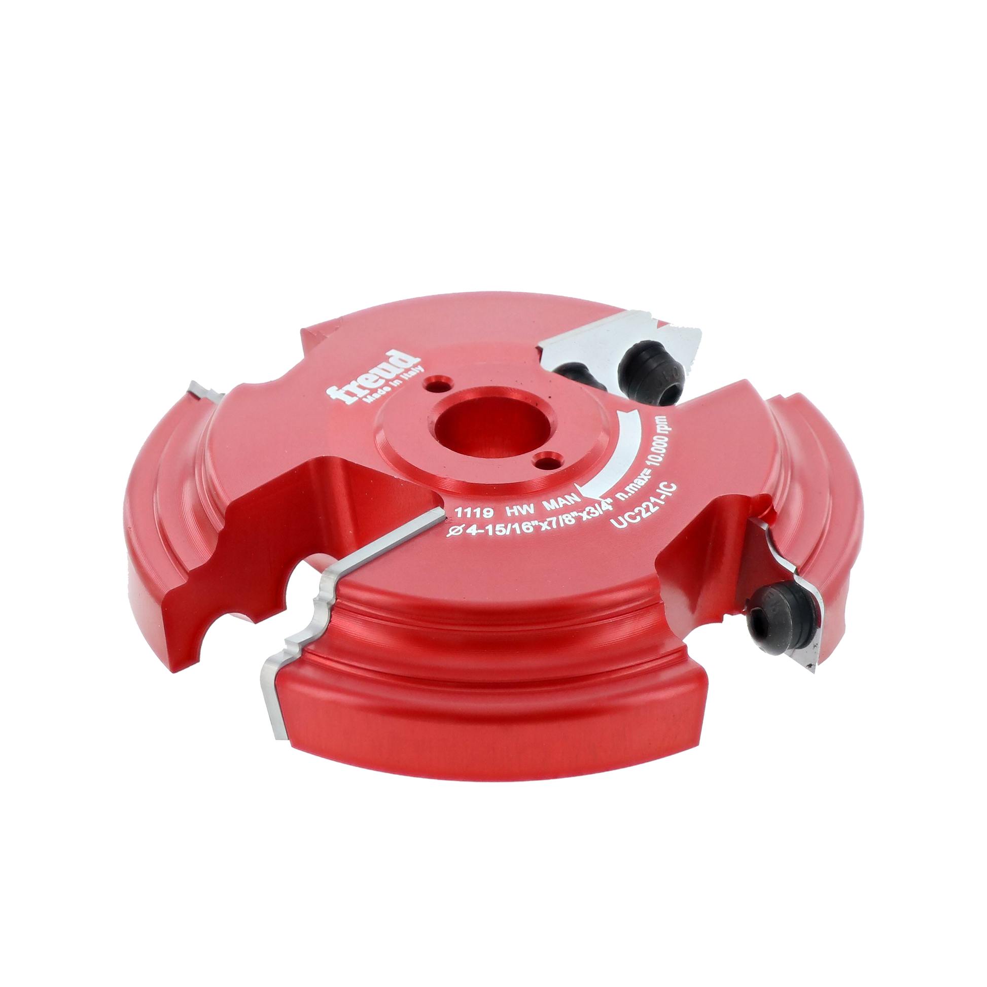 Red and white router cutter head with dual cutting edges and adjustment screws on sides.