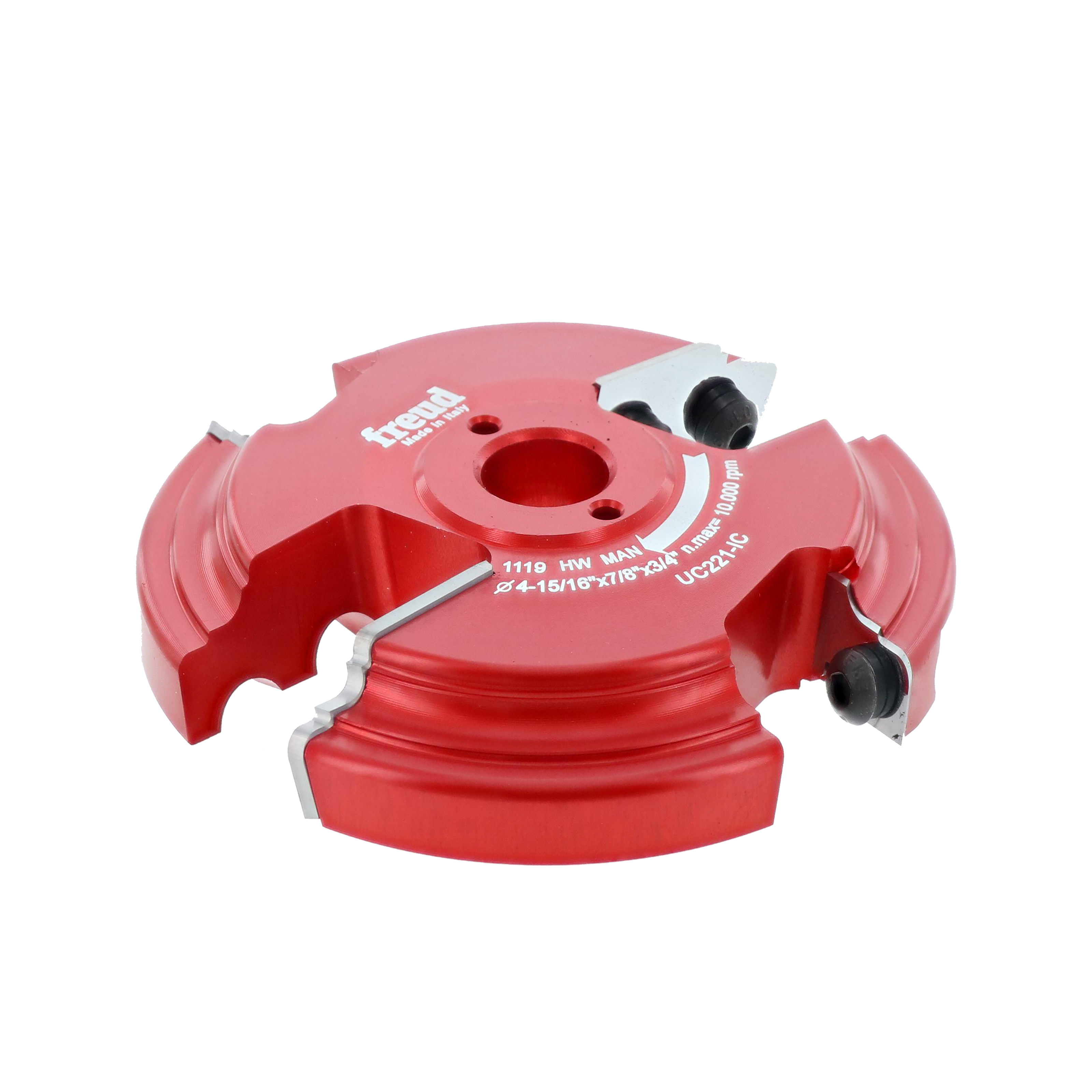 Red and white router cutter head with dual cutting edges and adjustment screws on sides.