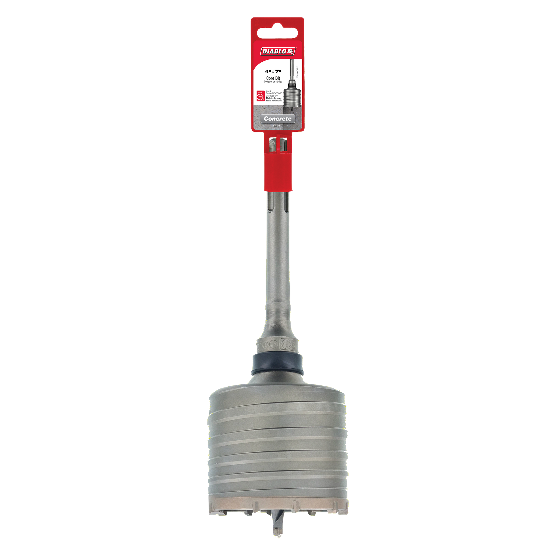 Diablo SDS-Max carbide tipped core bit with red packaging label and metal shaft with threaded connection.